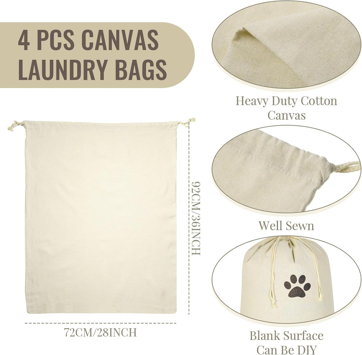 4 Pieces 28" x 36" Canvas Laundry Bags Bulk Large Cotton Laundry with Drawstring Heavy Duty Hamper