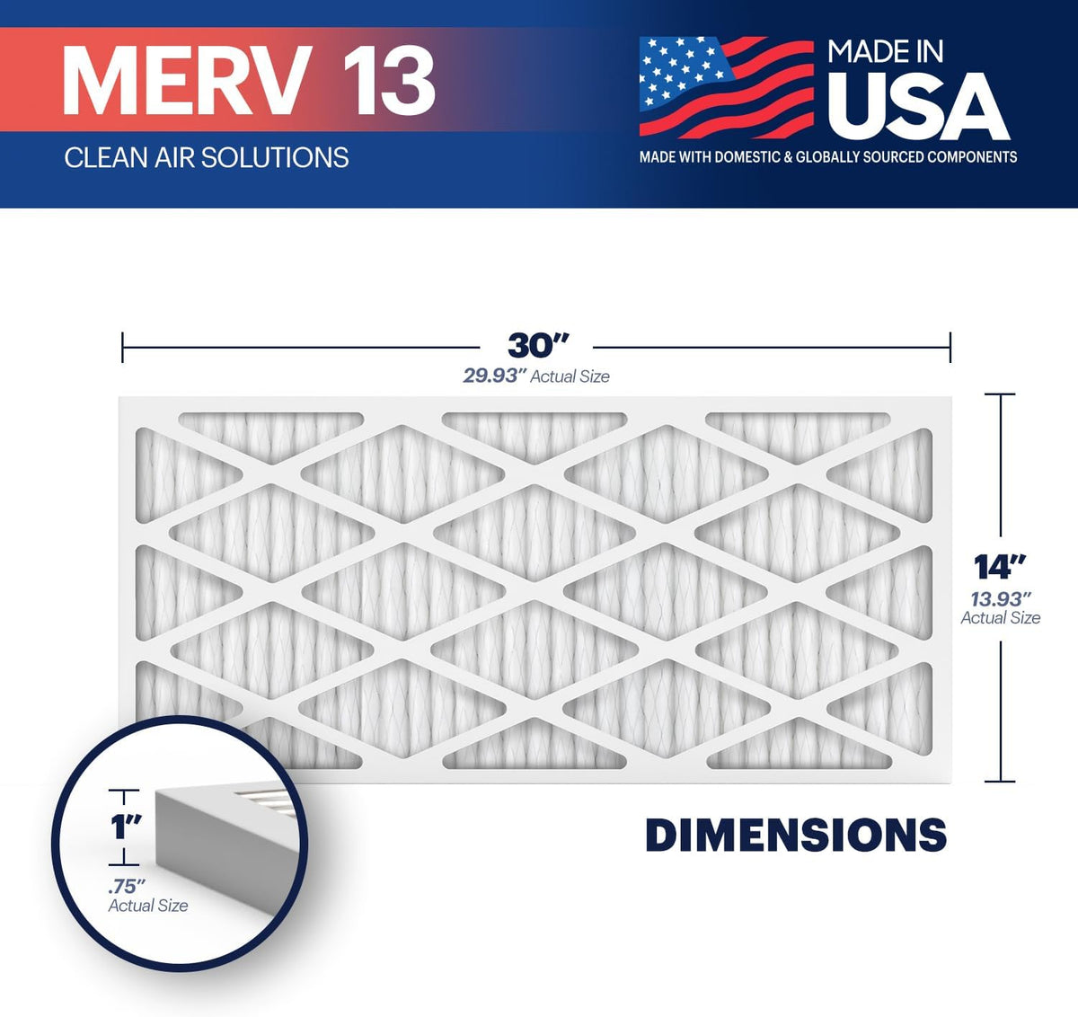 BNX TruFilter 14x30x1 Air Filter MERV 13 (6-Pack) - MADE IN USA - Electrostatic Pleated Air
