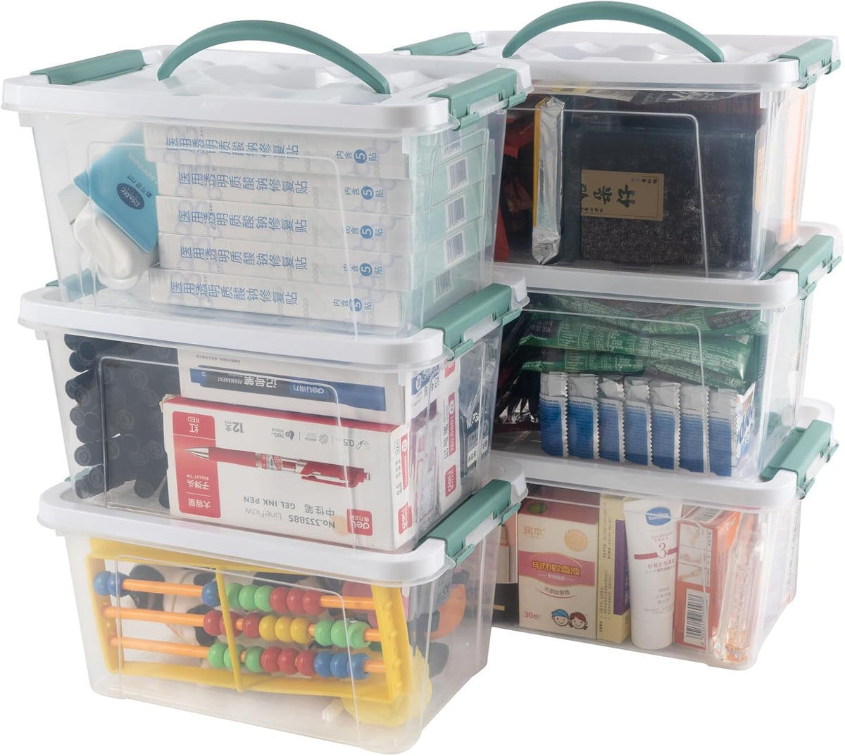 6 Quart Plastic Stackable Storage Latch Bins,Clear Latching Box with Handle and Lid,Pack of 6