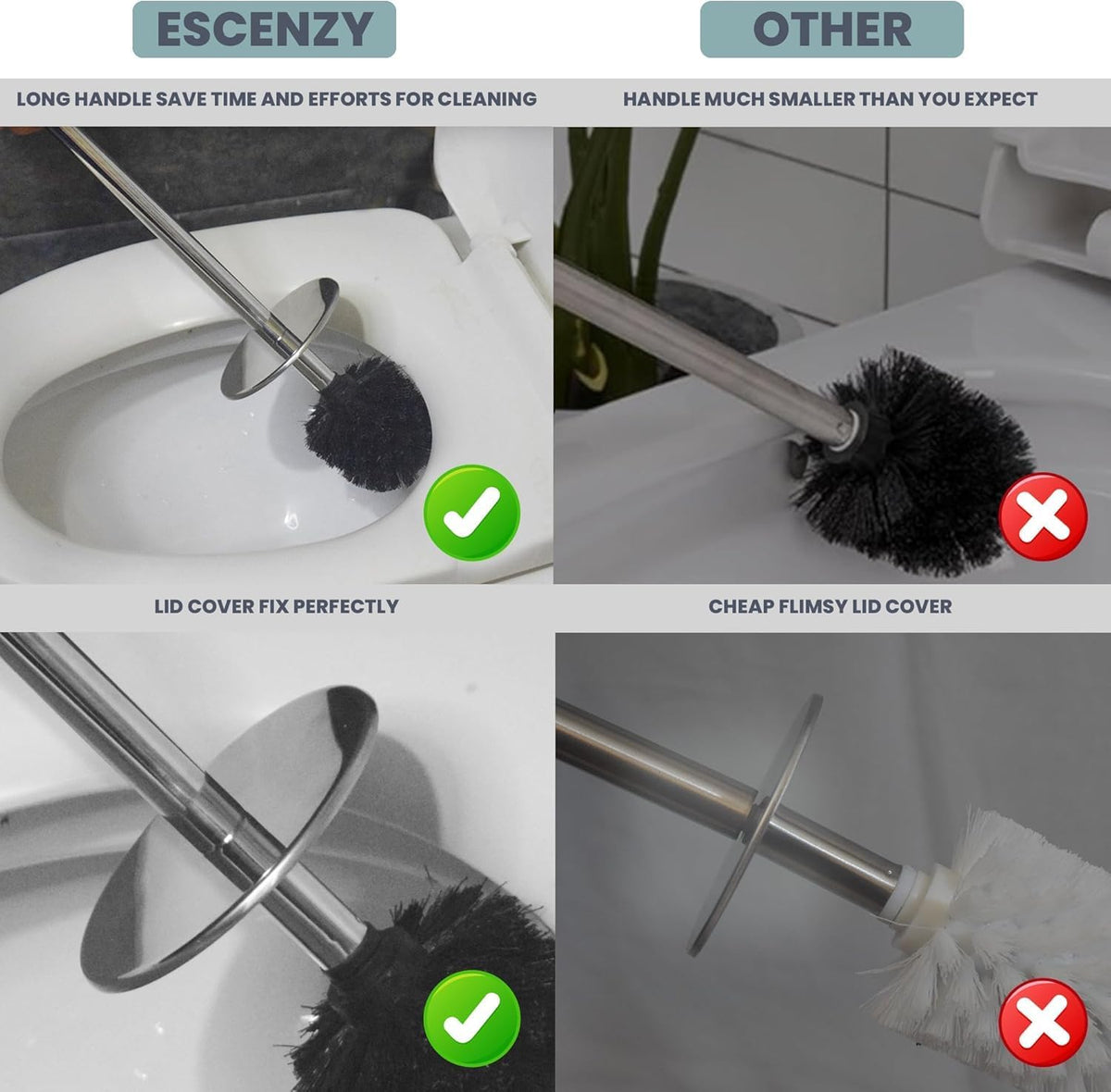 Escenzy Cute Toilet Brush and Holder Set Mosaic Glass | Non-Rustic Stainless Steel | Practical &