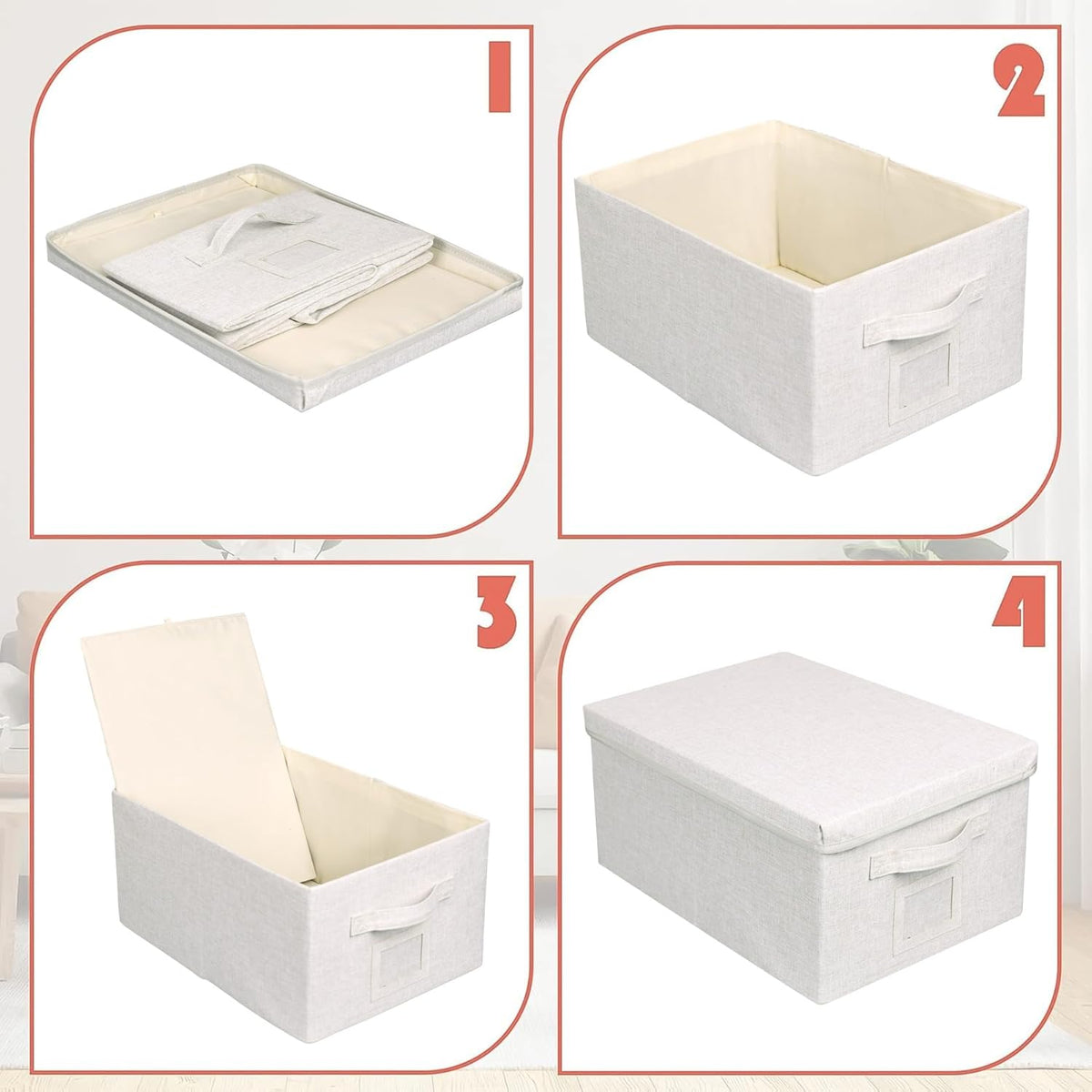 Large 17''x12'' Quart Collapsible Stackable Storage Bins with Lids, 2 Packs Off White Fabric Closet