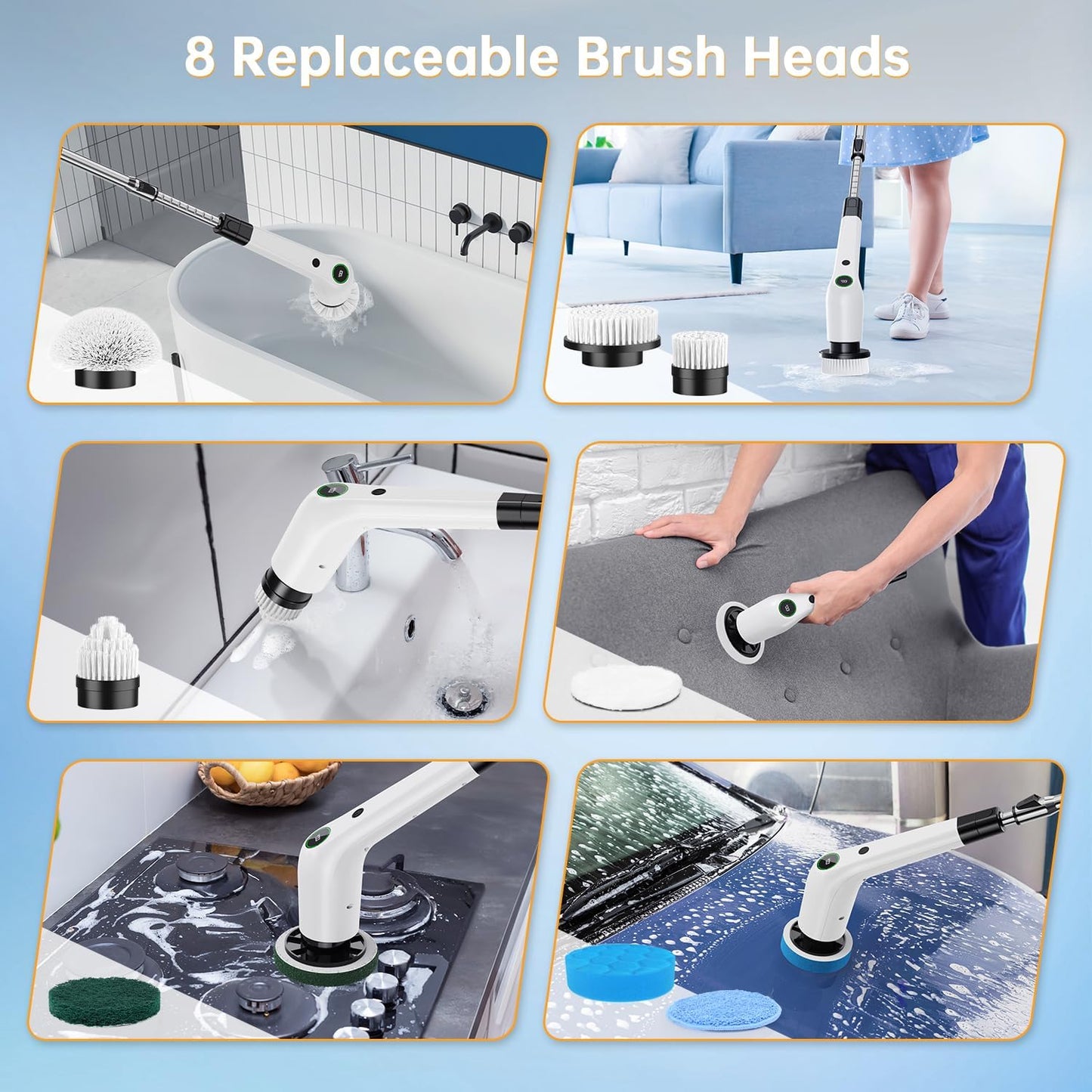 Electric Spin Scrubber, Cordless Shower Scrubber with 8 Scrub Brush, 2 Speed with Adjustable