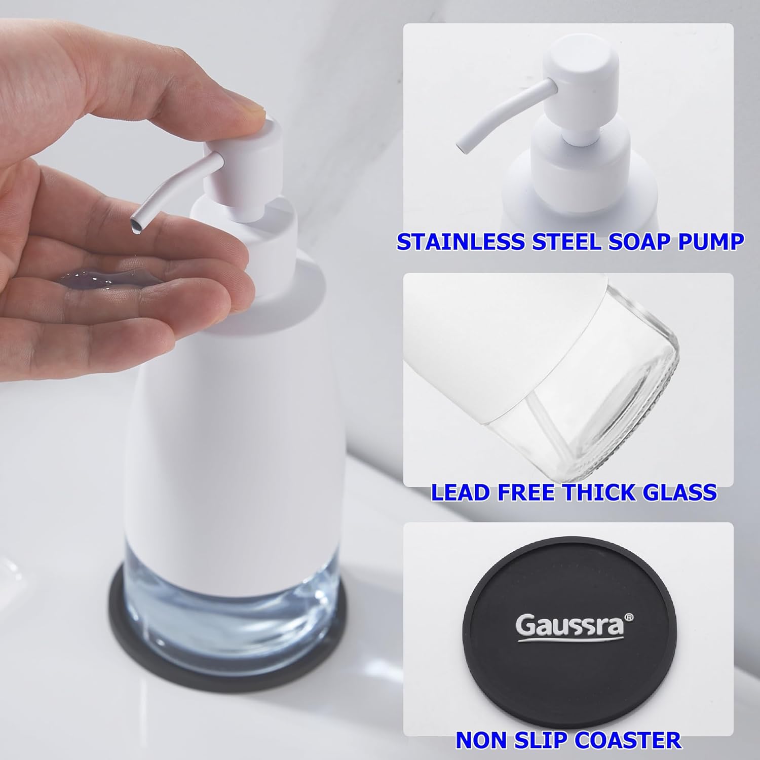 Gaussra White Soap Dispenser with Coaster and Stickers, Stainless Steel and Glass Bottle Hand Pump