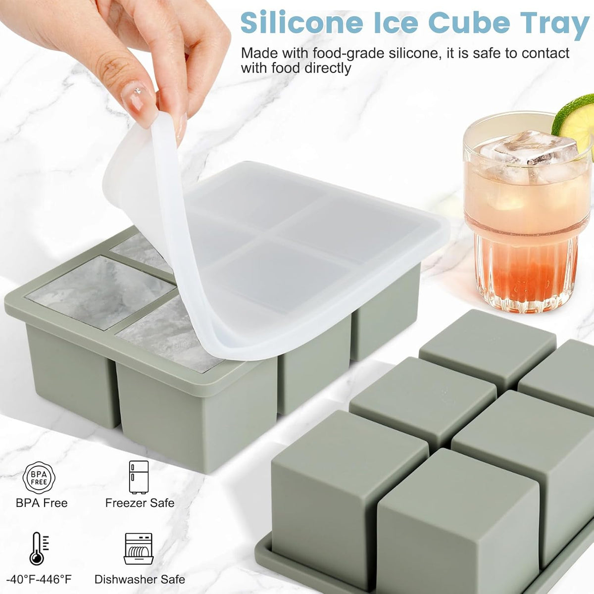 Large Silicone Ice Cube Tray 3Pack, SAWNZC Big Square Ice Cube Molds for Whisky Cocktail, Ice Maker