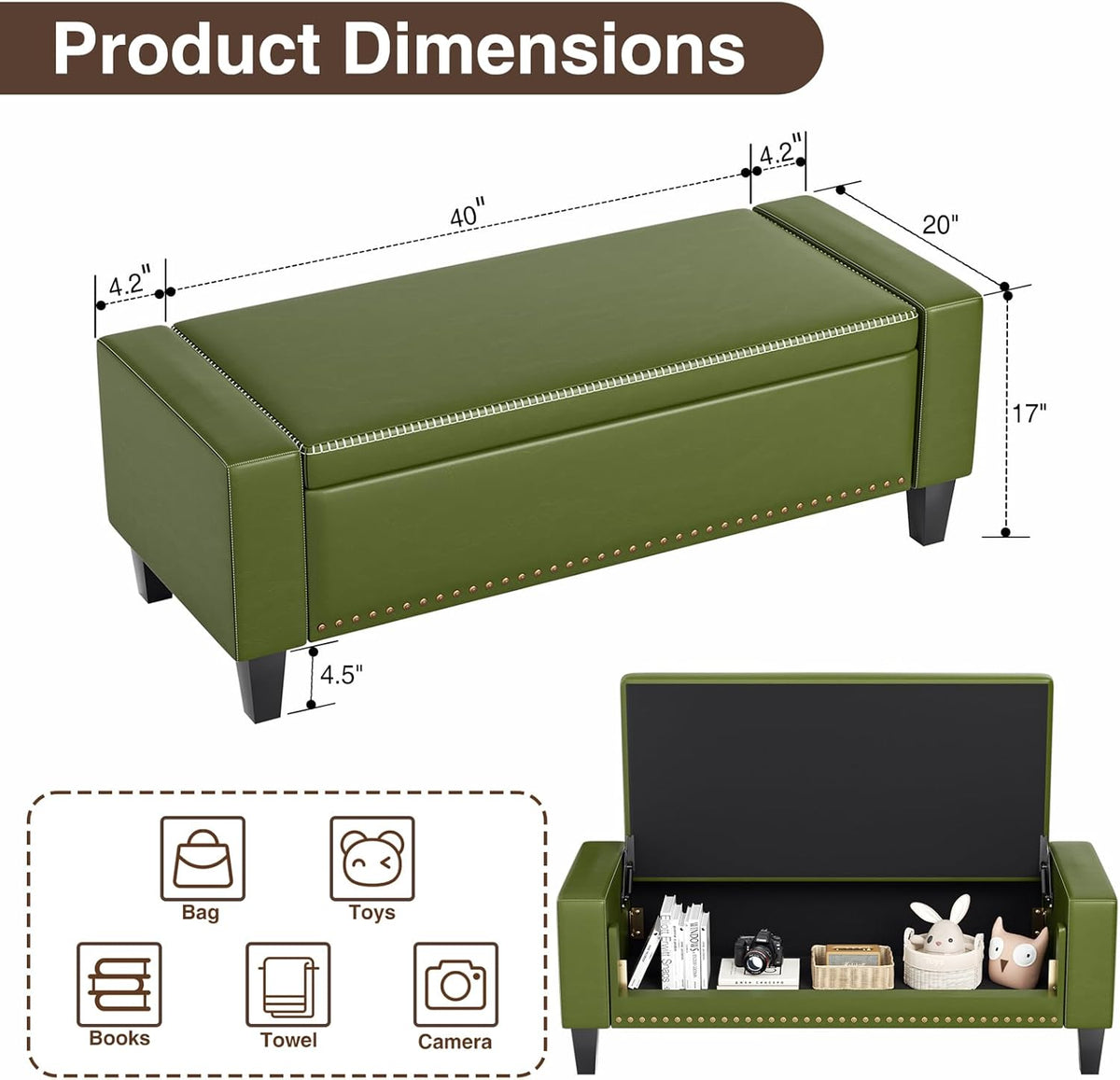 48.8" Storage Ottoman Bench Green | Faux Leather Bedroom Bench with Lift Top for Living Room & Bed
