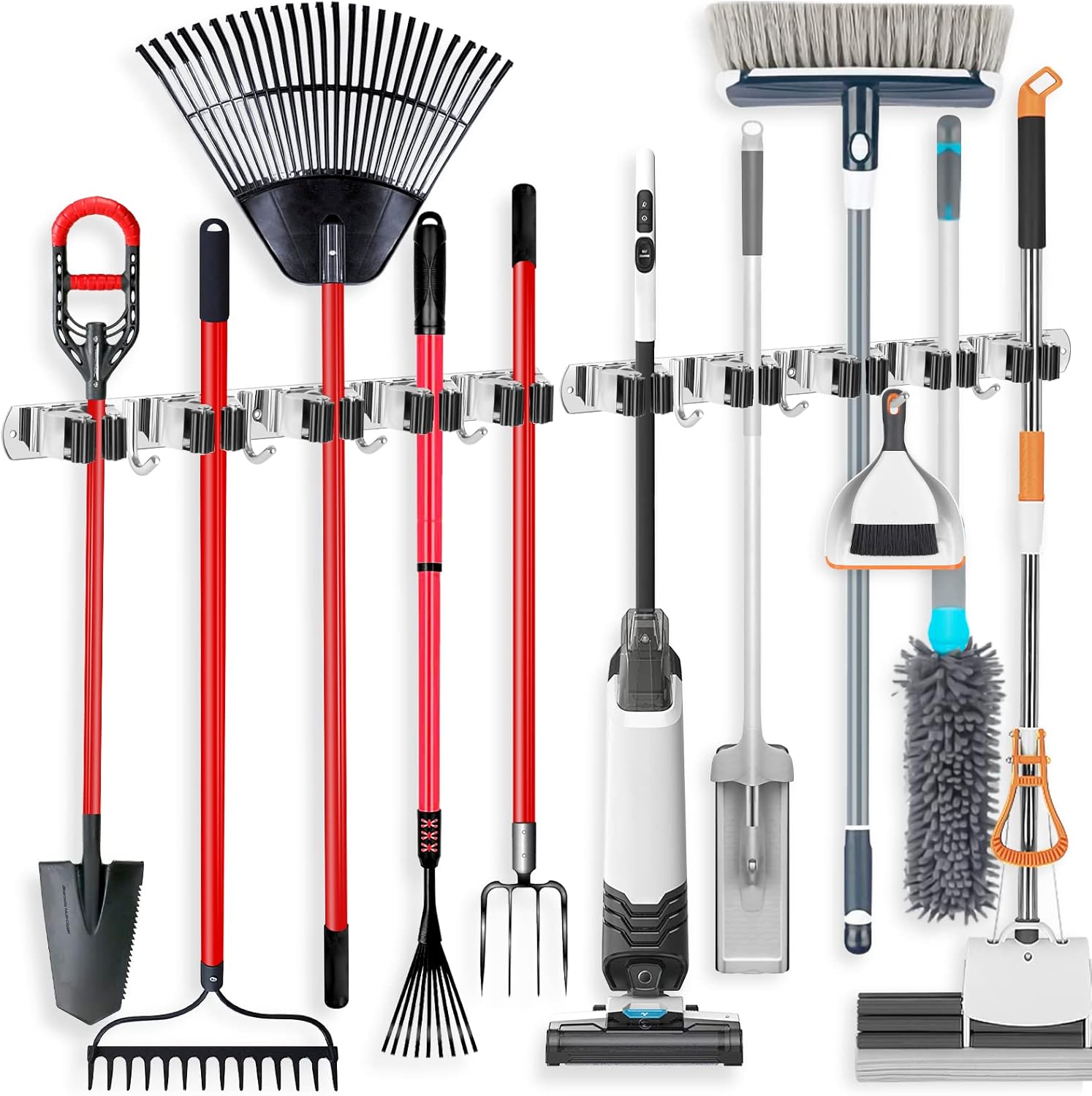 IMILLET 2 Pack Wall Mount Broom Holder Stainless Steel 5 Racks with 4 Hooks Broom Organizer Self