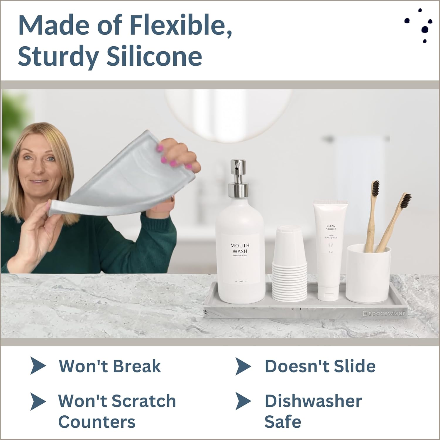 Countertop and Vanity Tray - 2 PC Large 11.7" Silicone Bathroom Trays, Counter Organizer, Dish Soap