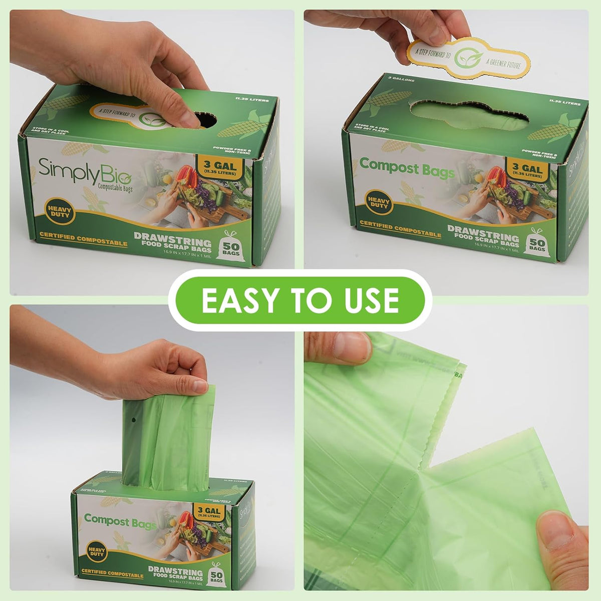 3 Gallon Compostable Trash Bags with Drawstring, Heavy Duty Extra Thick 1 Mil, 11.36 Liter, 50