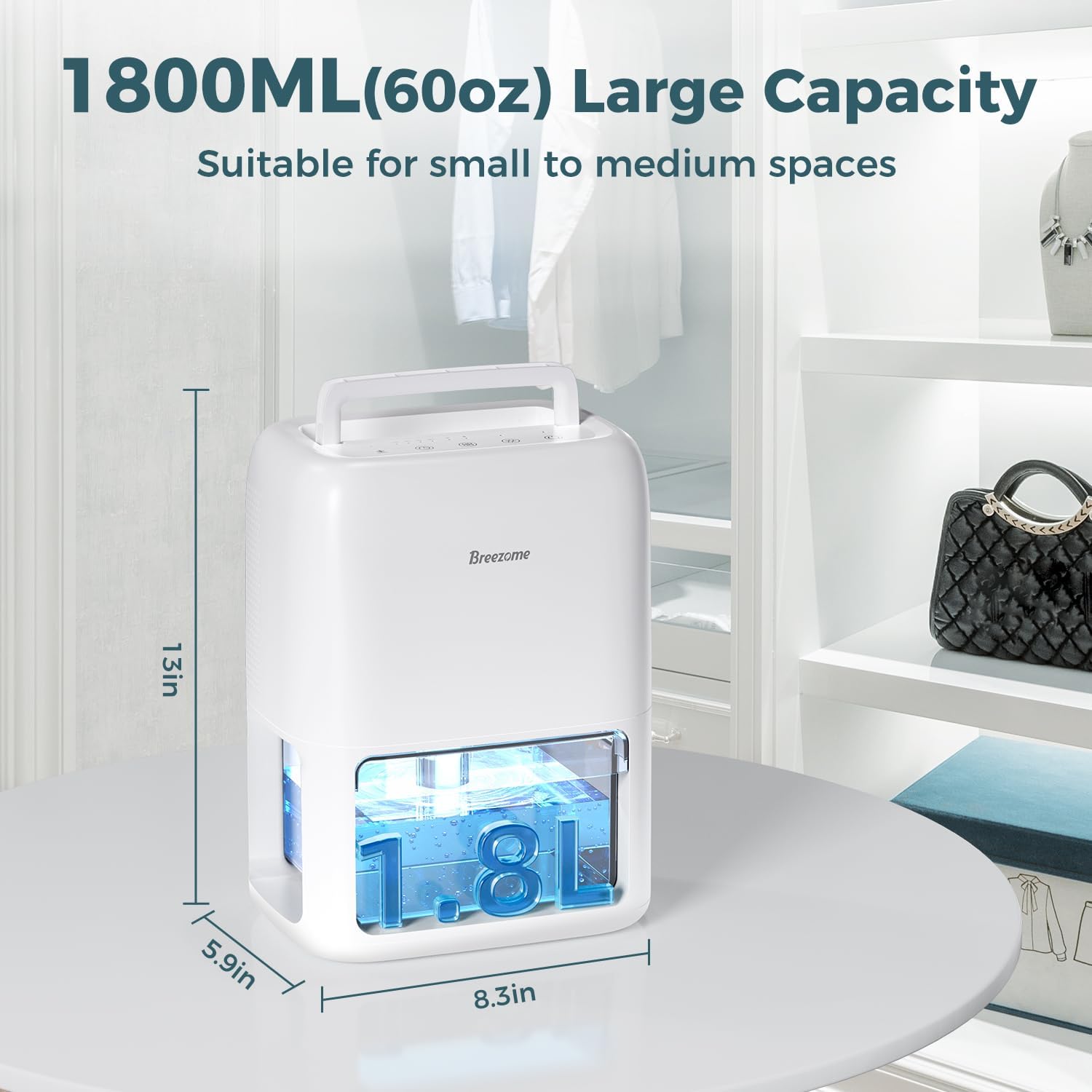 BREEZOME 60 OZ Dehumidifiers for Home, Dual-Semiconductor Quiet Dehumidifier with Timer Sleep Mode