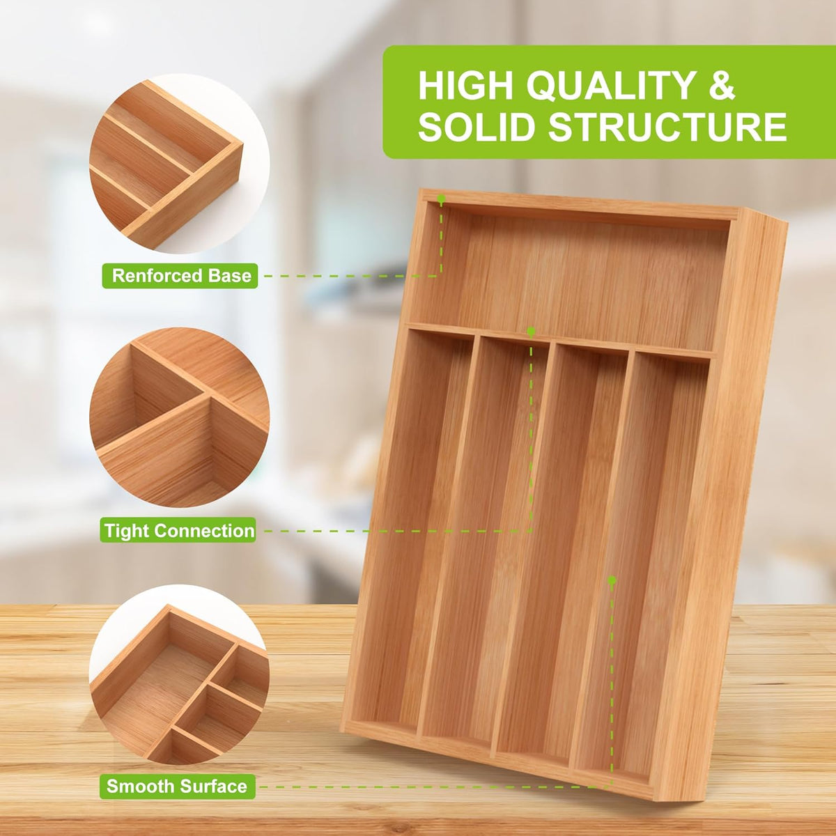 Bamboo Utensil Drawer Organizer, Kitchen Organizer for Flatware Cutlery, Silverware Tray for Drawer