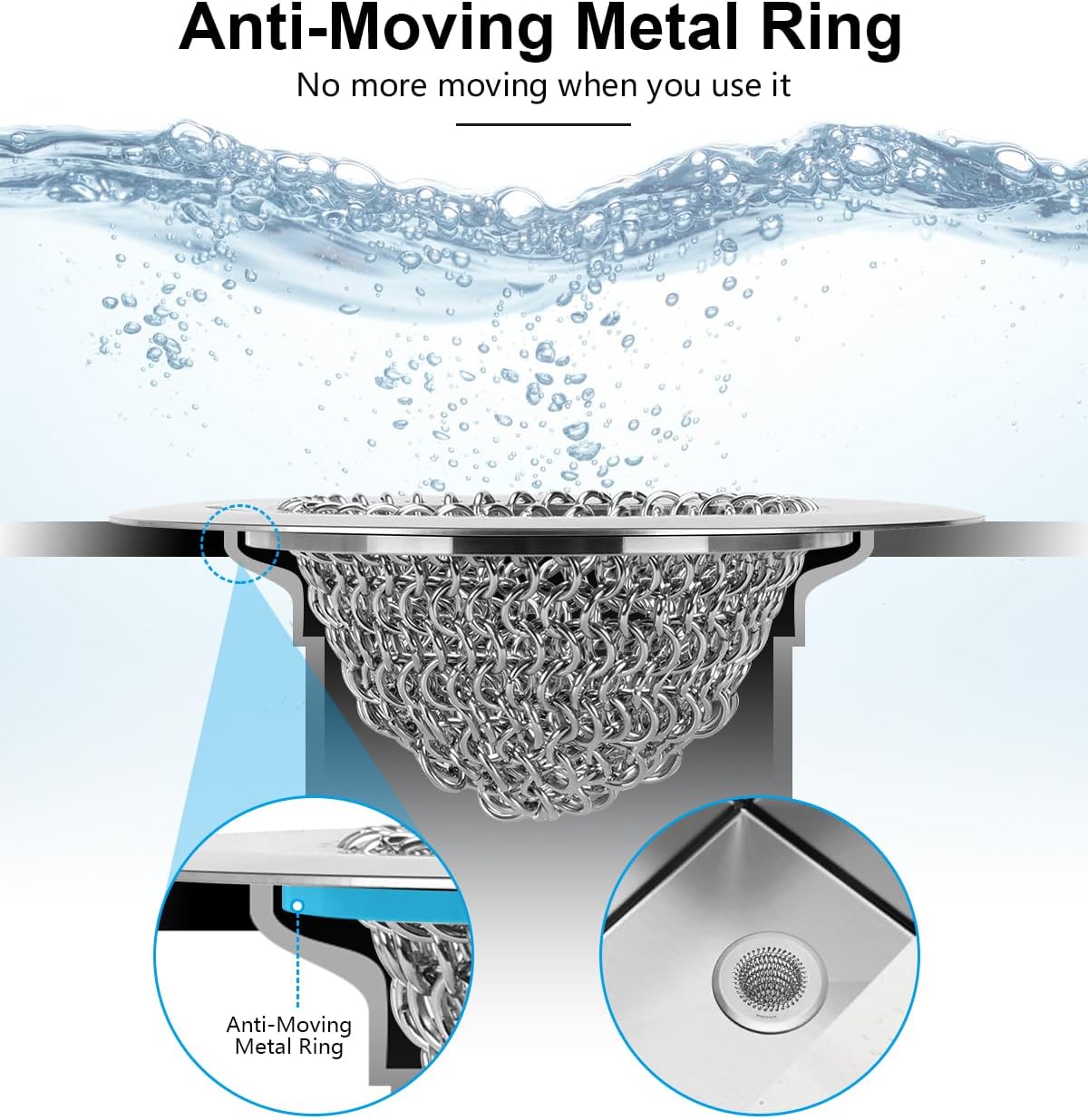 2 Pcs Sink Drain Strainer: Anti-Slip Flexible Chainlink, 304 Stainless Steel. Upgraded Clog-Free