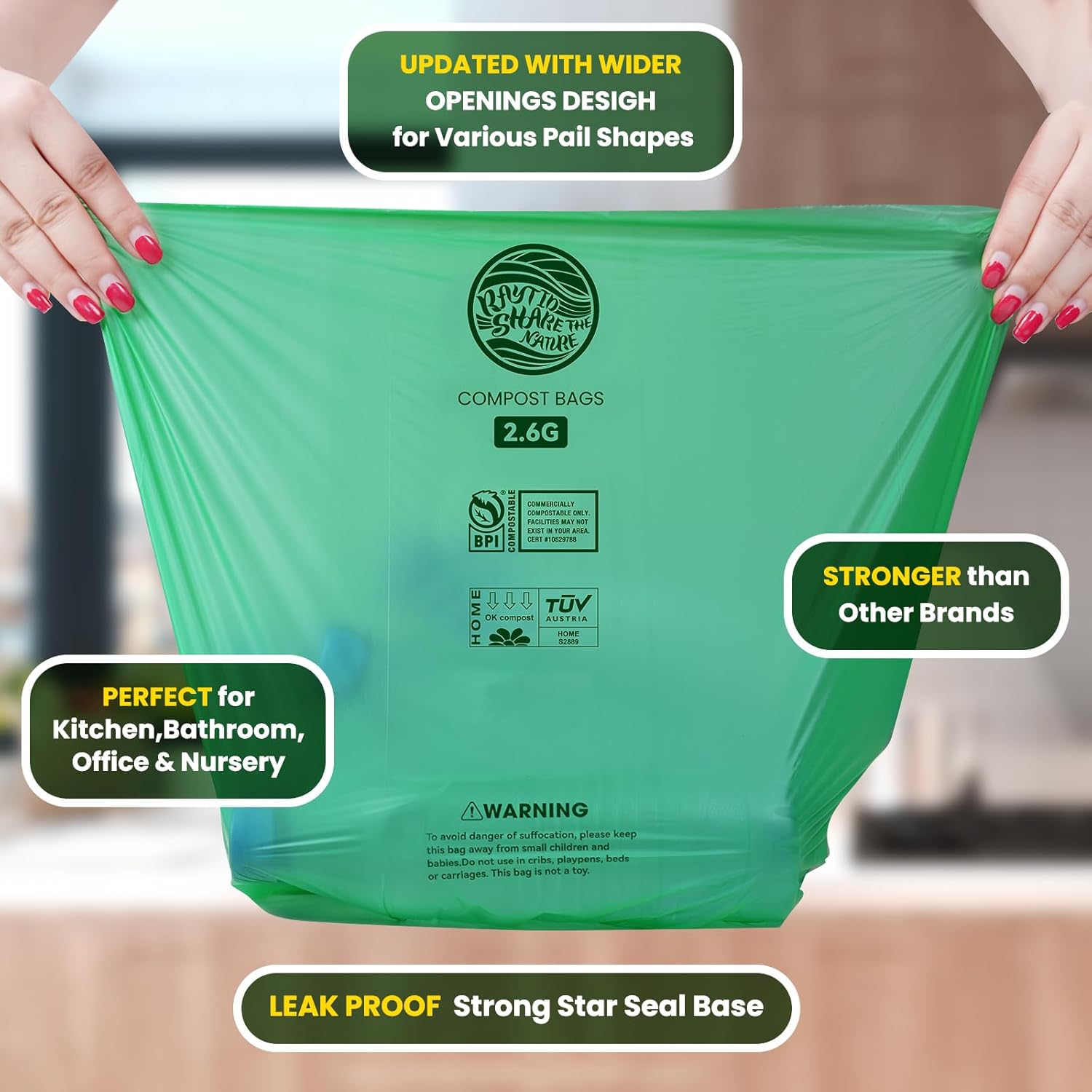 RAYTID Compostable trash Bags 2.6 Gallon Compost Bags for Kitchen Countertop Bin 1.3,2,3, Gallon