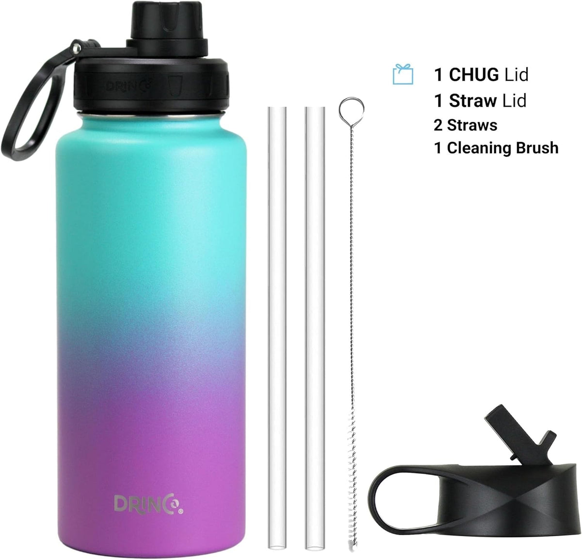 DRINCO Stainless Steel Water Bottle Spout Lid Vacuum Insulated Double Wall Water Bottle Wide Mouth