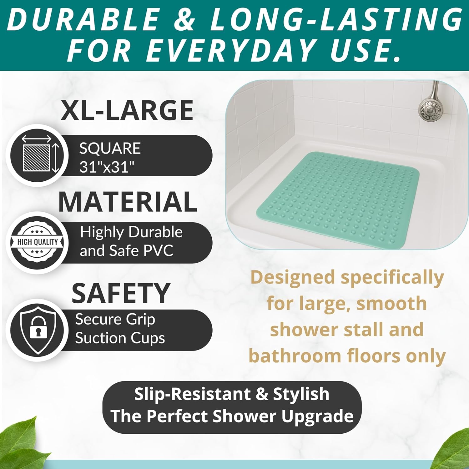 ENKOSI Extra Large Square Non Slip Shower Mat - 31 x 31-inch XL Bathroom Shower Mat - Square Shower