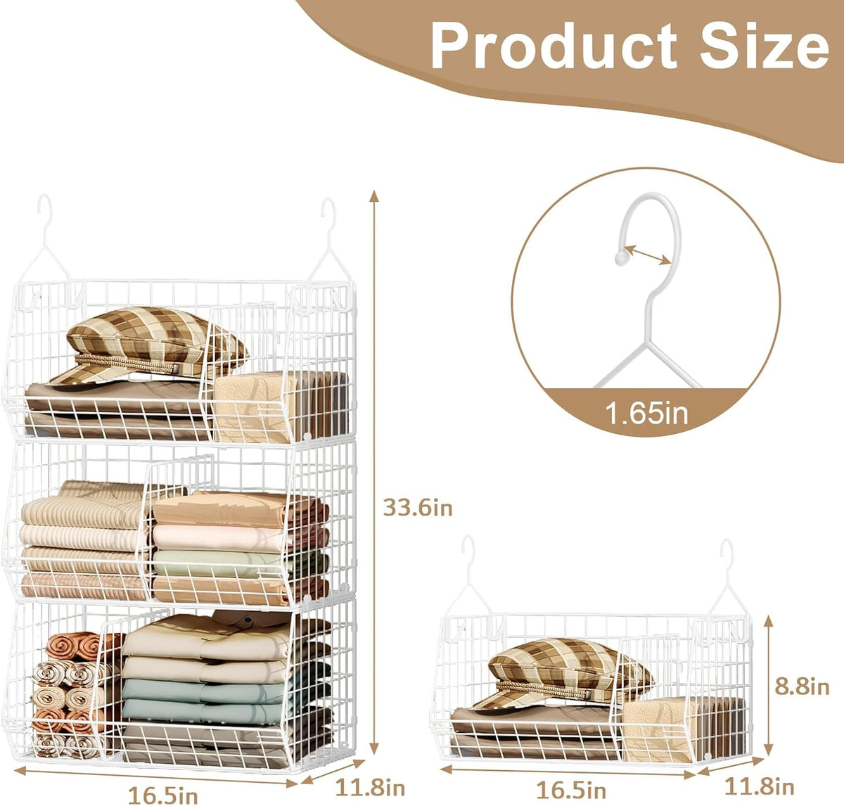 3 Tier Extra Large Closet Hanging Shelves with Divider, 16.5"L x 11.8"W x 33.6"H Closets Organizers