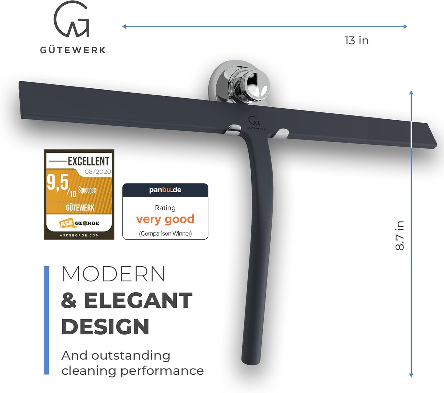 GÜTEWERK Shower Squeegee for Glass Doors, Silicone Window Squeegee, Bathroom and Glass Cleaning