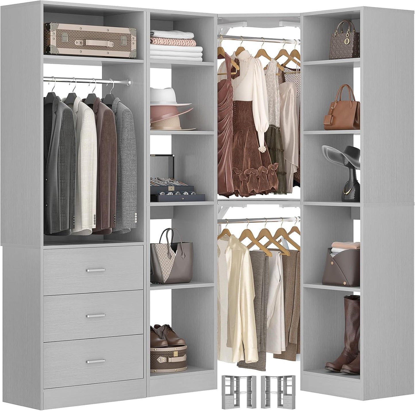 Corner Closet System with 3 Drawers, Corner Closet Organizer System with 13 Shelves & 3 Hanging