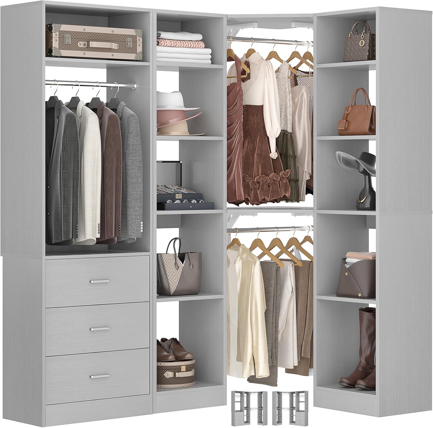 Corner Closet System with 3 Drawers, Corner Closet Organizer System with 13 Shelves & 3 Hanging