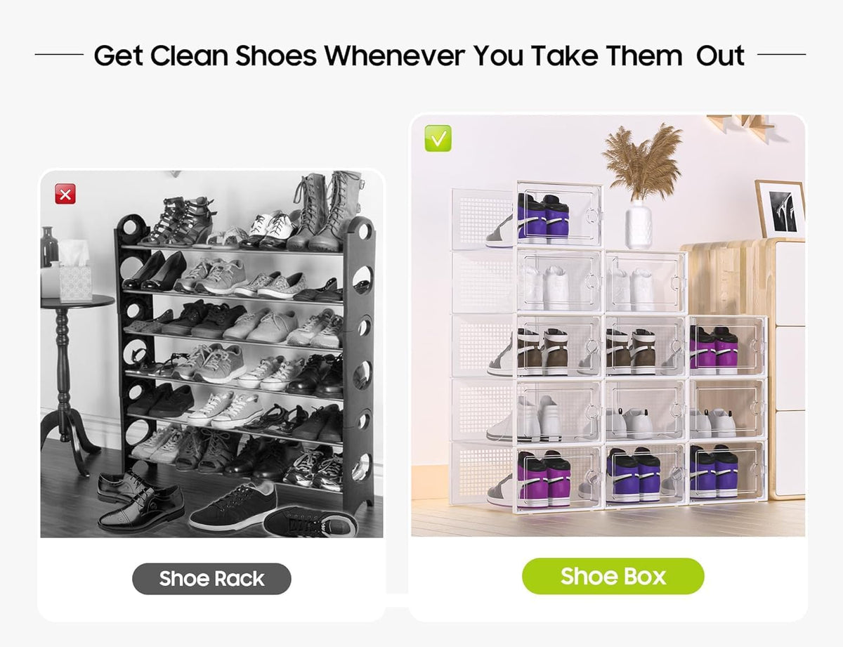 Kuject X-Large Shoe Storage Boxes Organizers Clear Plastic Stackable 12 Pack, Shoe Rack & Holder