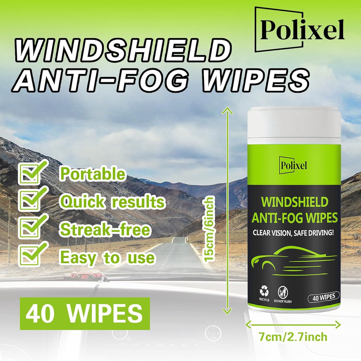 Glass Anti-Fog Wipes - Quick Windshiled Fogging Remover Resealable Bottle Pack Defogger for