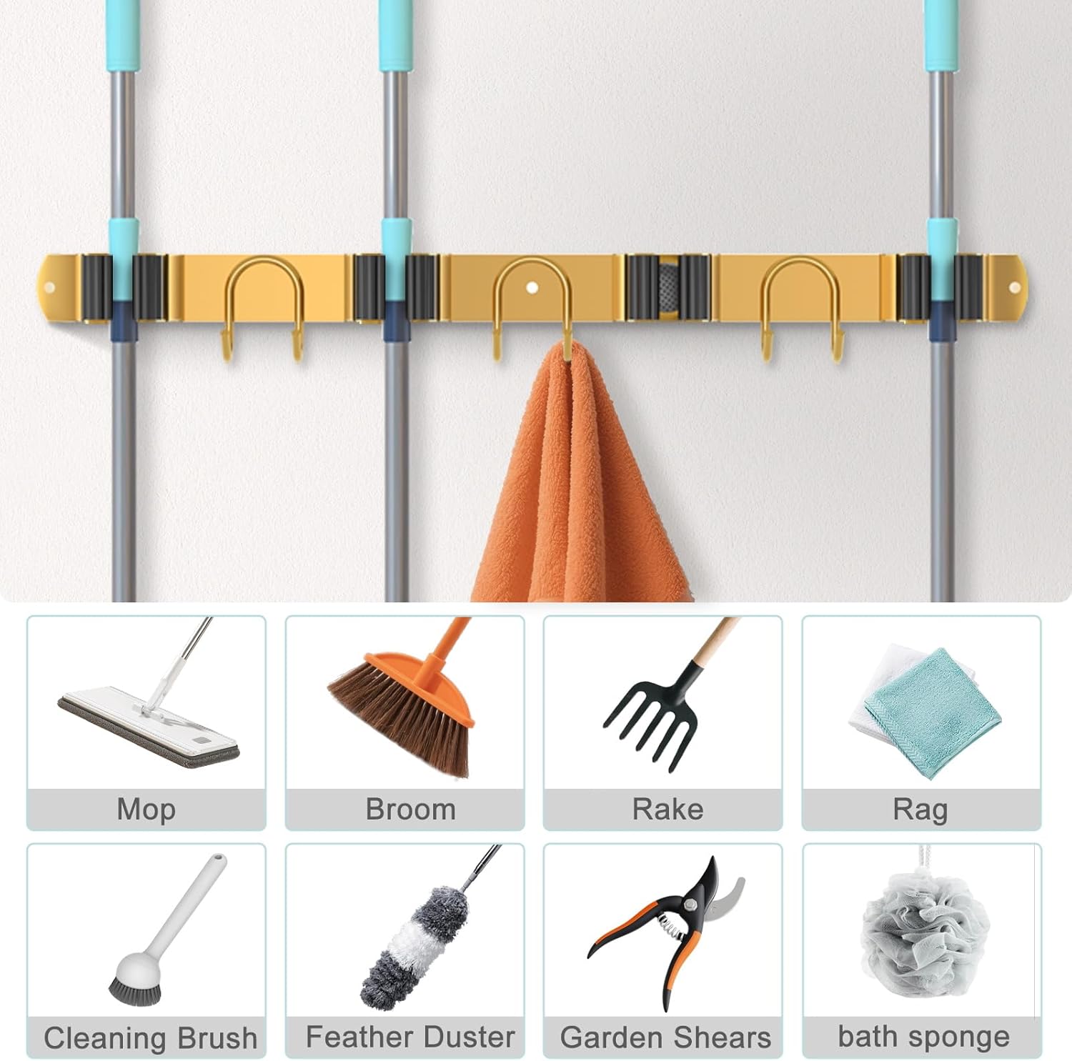 Mop Broom Holder Wall Mount, 2 Packs Gold Stainless Steel Tool Storage Organizer for Kitchen Garden