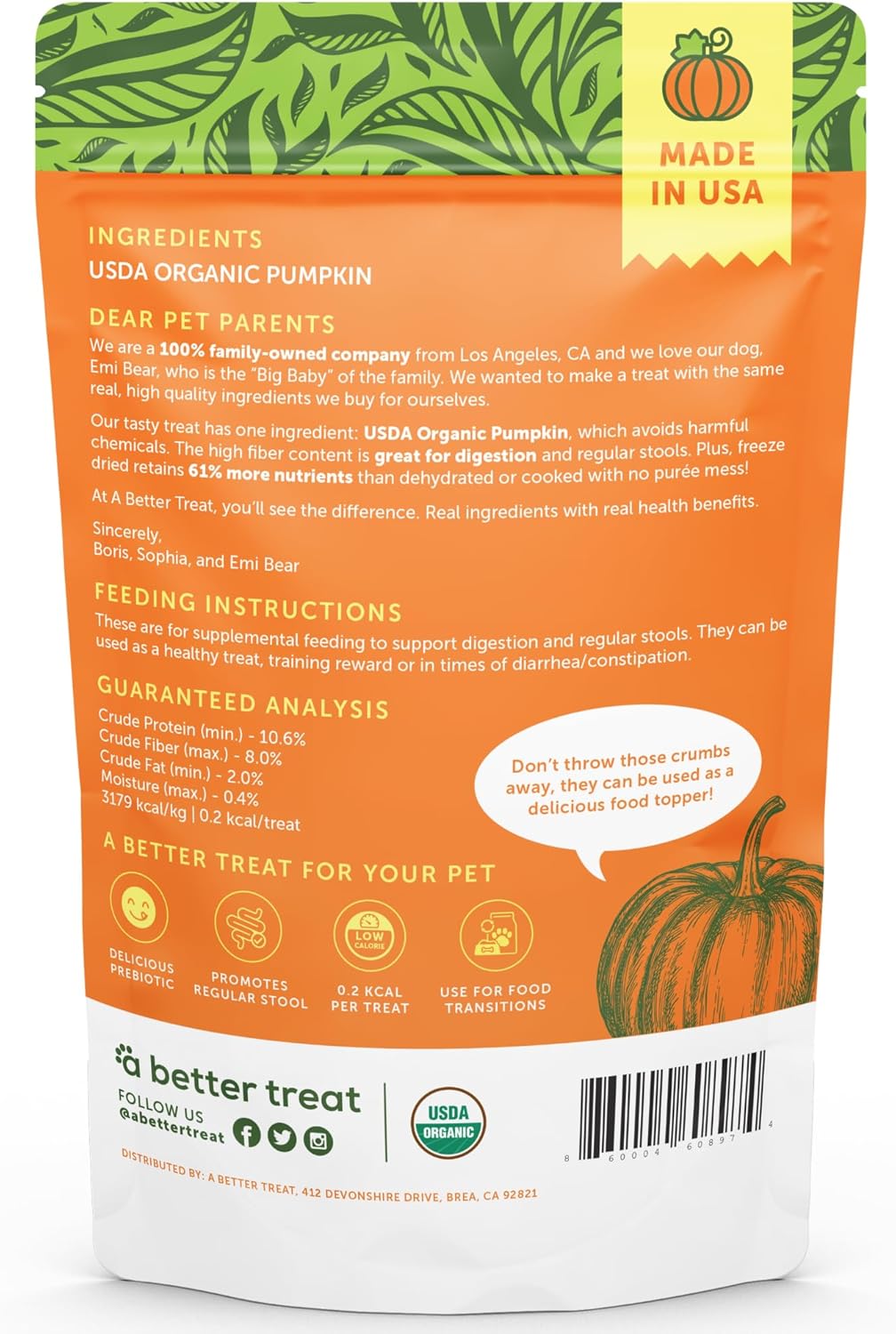 A Better Treat – Freeze Dried Organic Pumpkin Dog and Cat Treats, Organic, Single Ingredient |