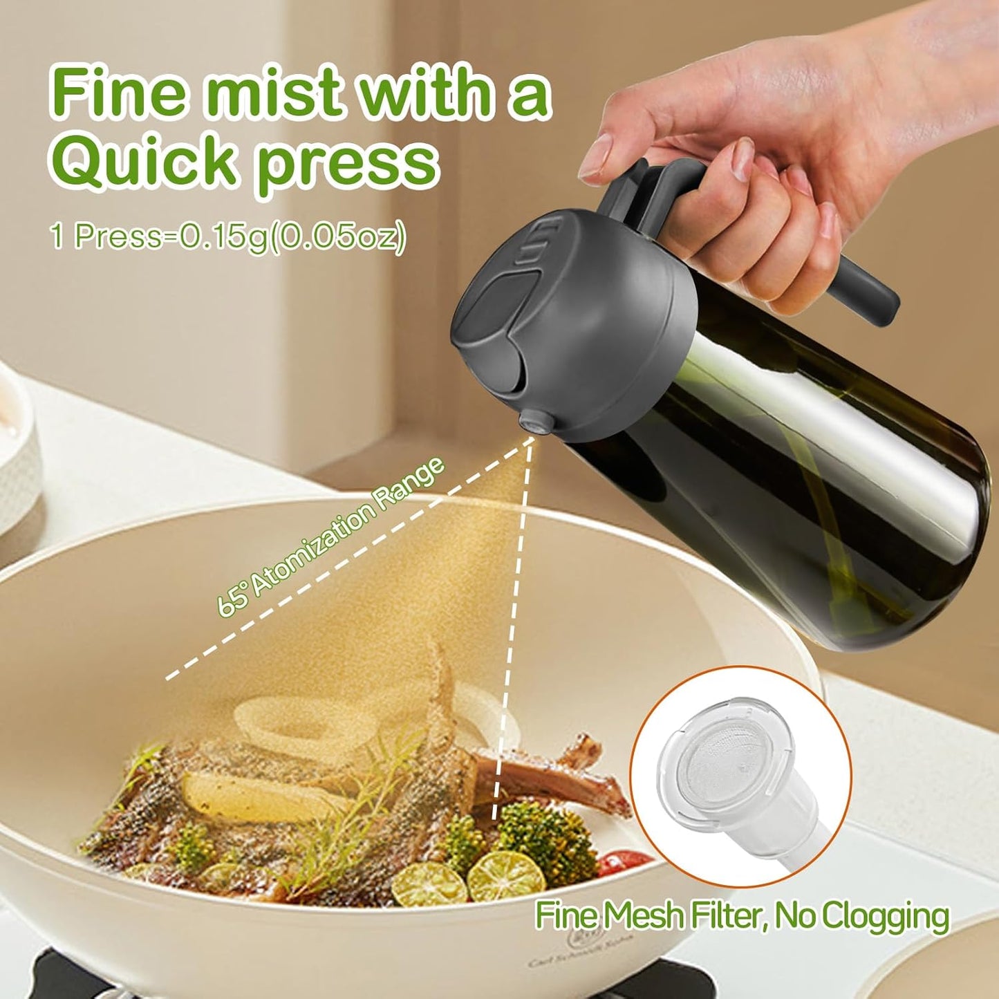 YARRAMATE 16oz/470ml Dark Green Oil Sprayer for Cooking with Stickers, Food-grade Premium 2 in 1