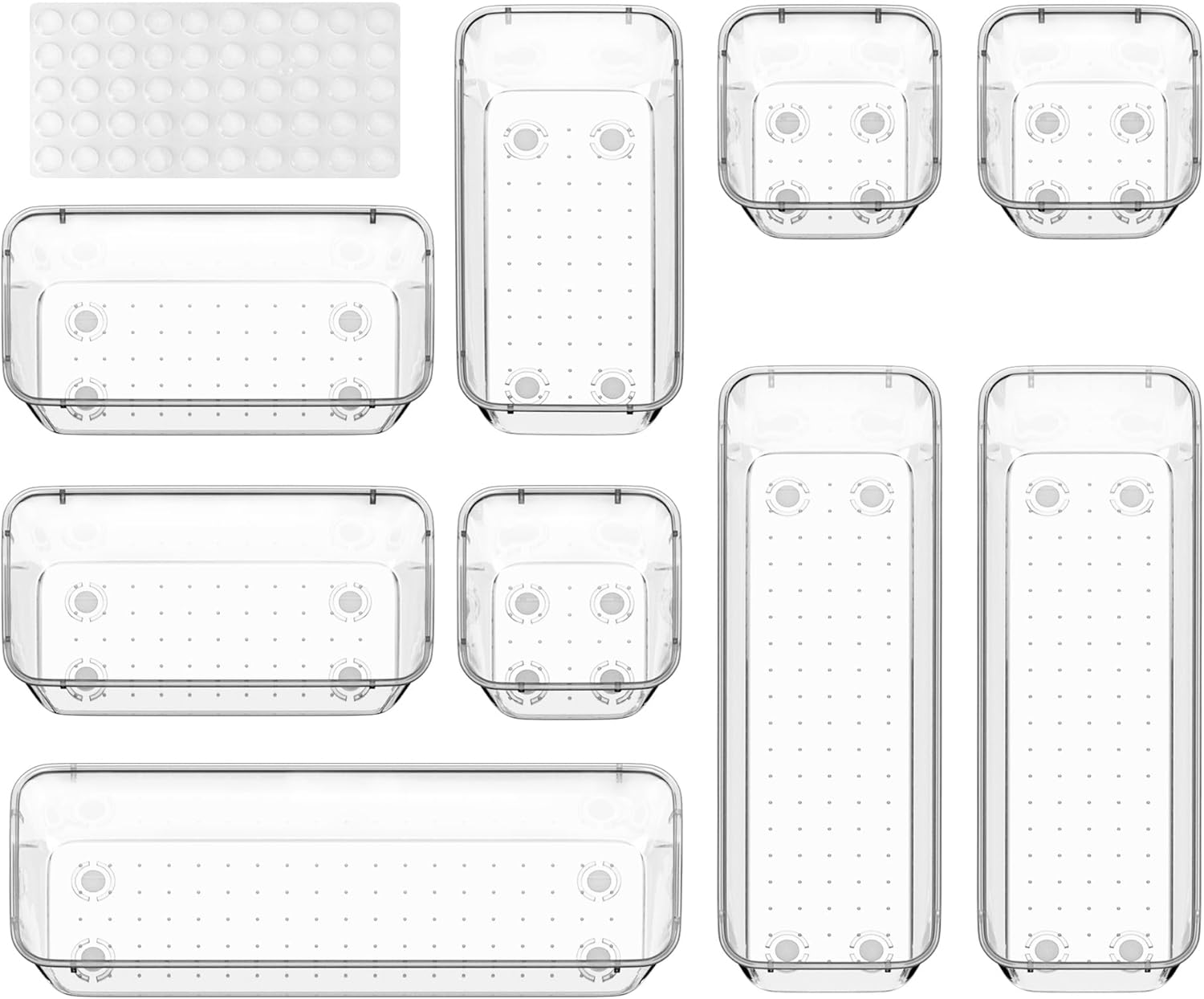 ValueMax 9 PCS Clear Plastic Drawer Organizers Set with Non-Slip Pads, 3 Sizes Desk Drawer