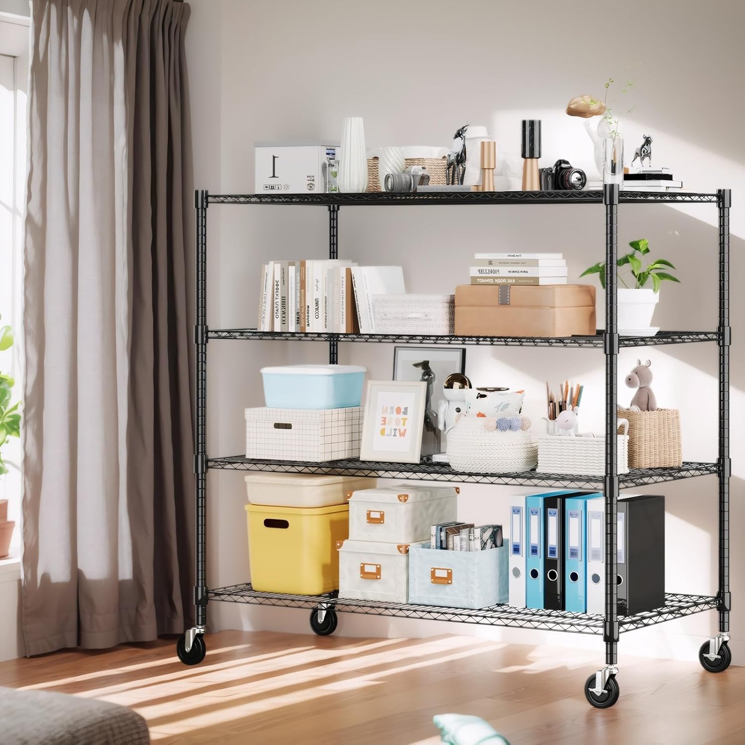 Himimi 4 Tier Wire Shelving with Wheels Heavy Duty Height Adjustable Metal Shelves for Storage