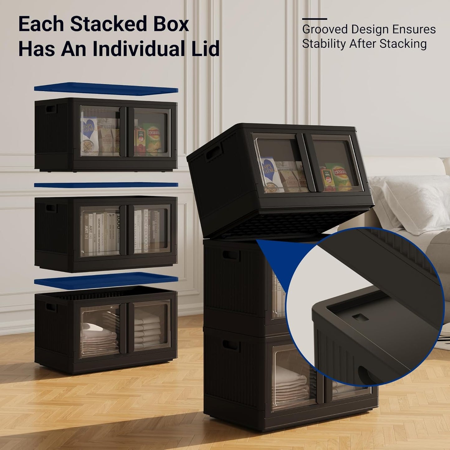 FLEXIMOUNTS 152 QT Stackable Storage Bins With Lids, Collapsible Plastic Storage Bins, Closet