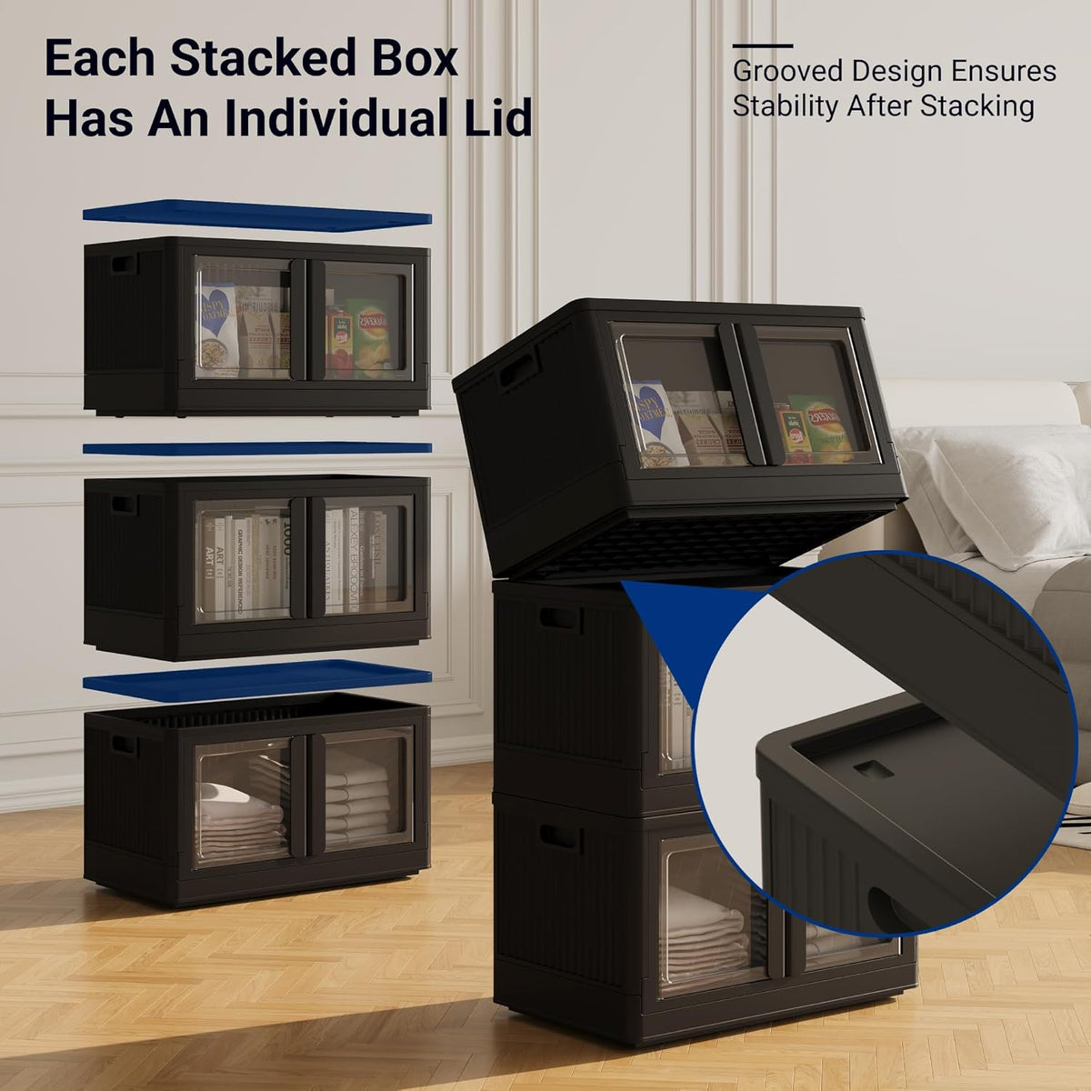 FLEXIMOUNTS 152 QT Stackable Storage Bins With Lids, Collapsible Plastic Storage Bins, Closet