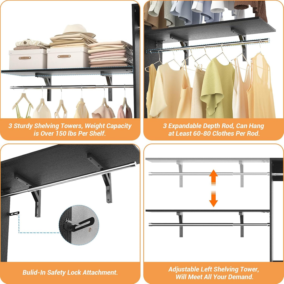 8FT Closet System with Shelves, 96'' Closet Organizer System with 3 Hanging Rods, Wall Mount