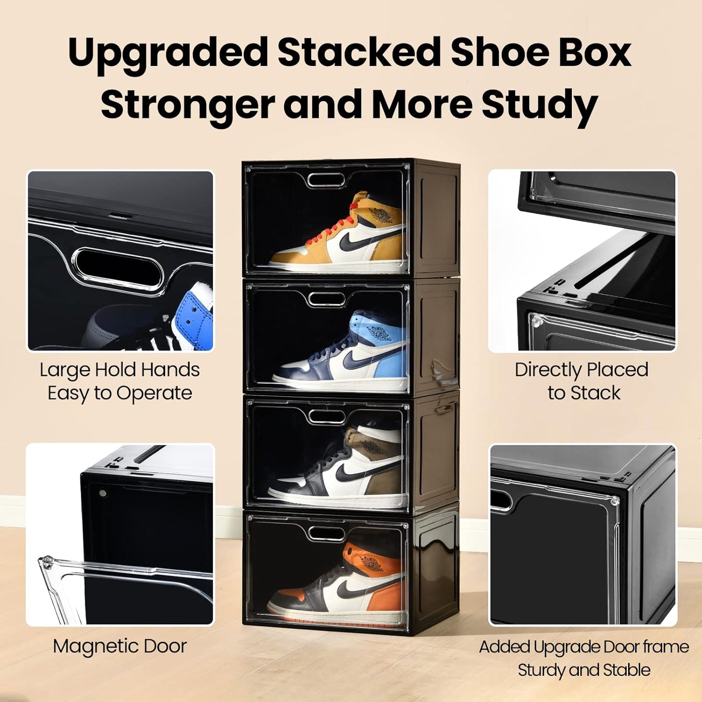 8 Pack Shoe Boxes Black Plastic Stackable, Large Shoe Storage Organizer,Drop Side Front Shoe