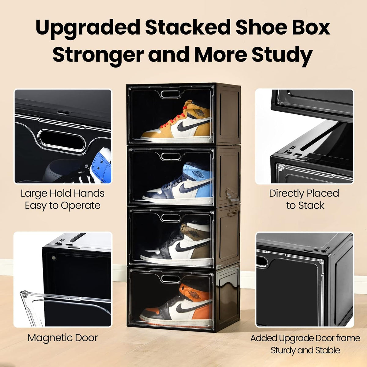 8 Pack Shoe Boxes Black Plastic Stackable, Large Shoe Storage Organizer,Drop Side Front Shoe