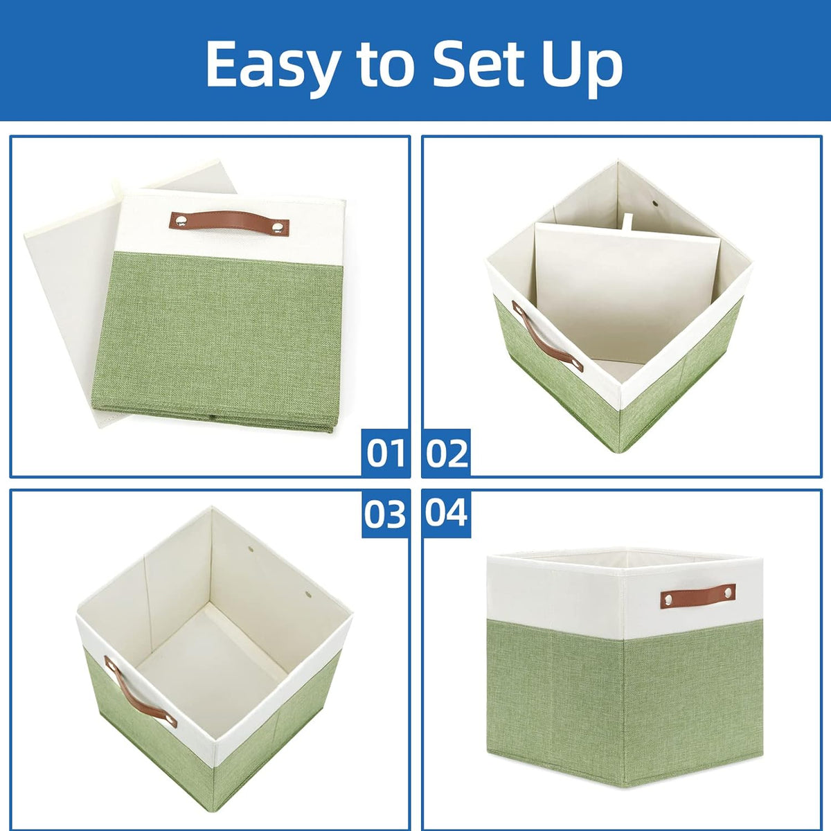 Temary 12 Inch Fabric Storage Cubes Storage Bins with Leather Handles, 4 Pack Cube Baskets Bins for