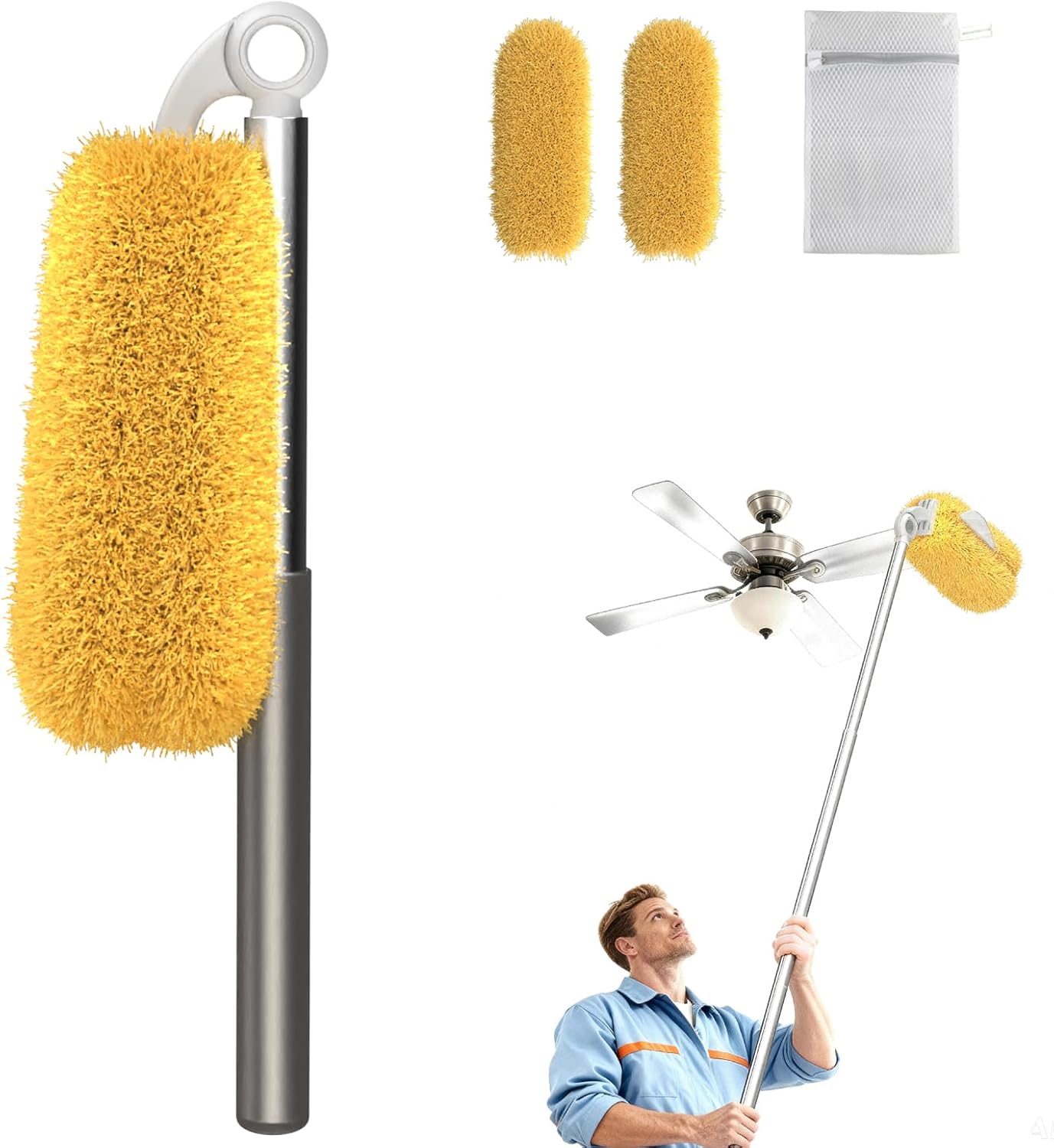 Long Handle Duster with 2 Replacement Heads, Washable Cleaning Duster Kit with Laundry Mesh Bag