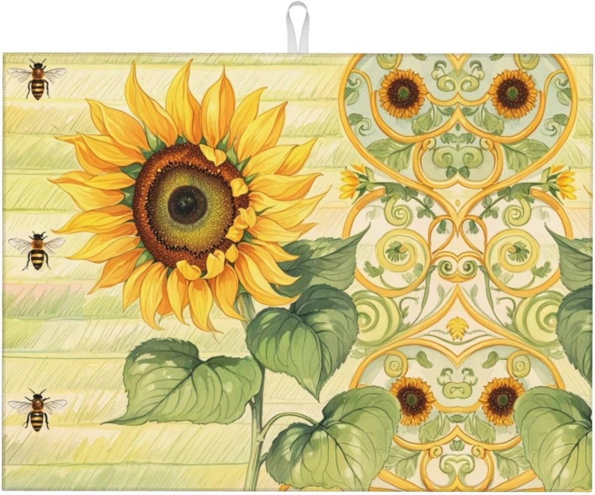 Sunflower Bee Dish Drying Mat Highly Absorbent Double-Sided Microfiber with Hanging Loop Reversible