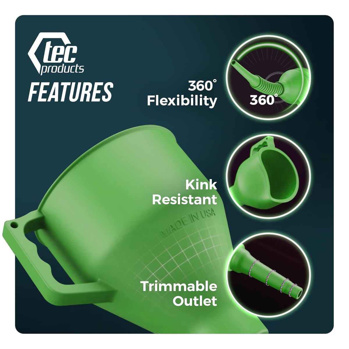 TEC Products FlexAll Long Flexible Funnel for Automotive Use - Durable Nitrile Rubber - Ideal for