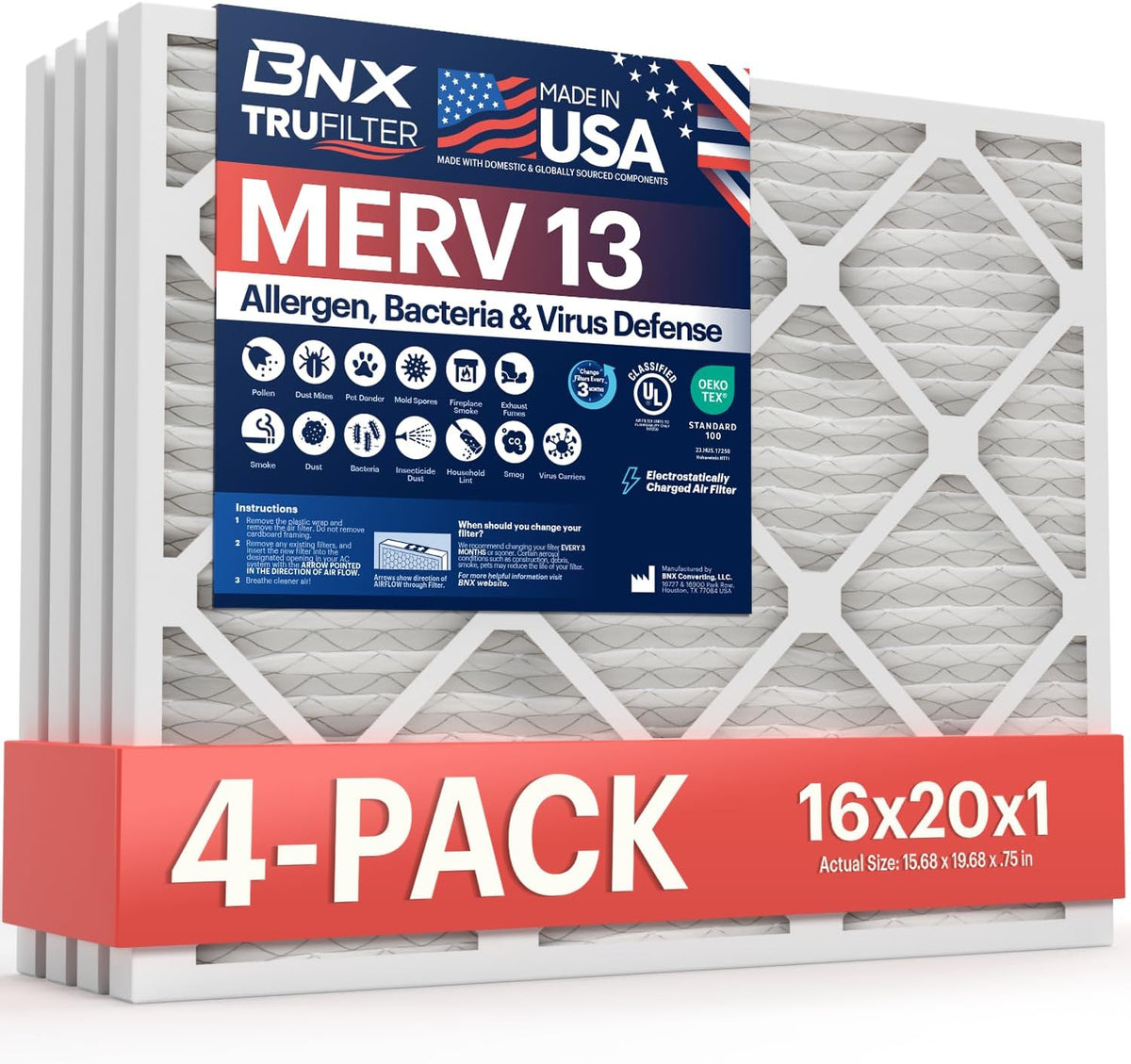 BNX TruFilter 16x20x1 Air Filter MERV 13 (4-Pack) - MADE IN USA - Electrostatic Pleated Air
