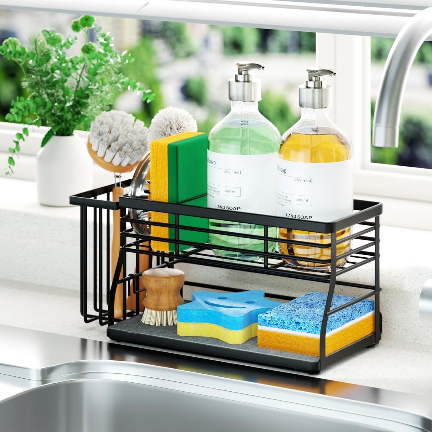 SWTYMIKI Sponge Holder for Kitchen Sink - 2 Tier Rustproof Sink Caddy with Instant Drying Stone