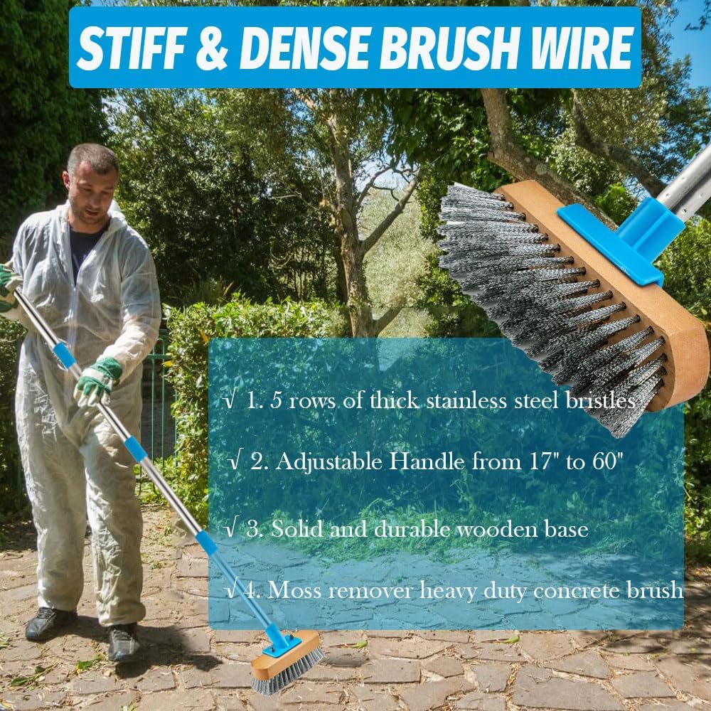 YONILL Stainless Steel Deck Scrub Brush with Long Handle - 60" Heavy Duty Floor Scrubber Brush with