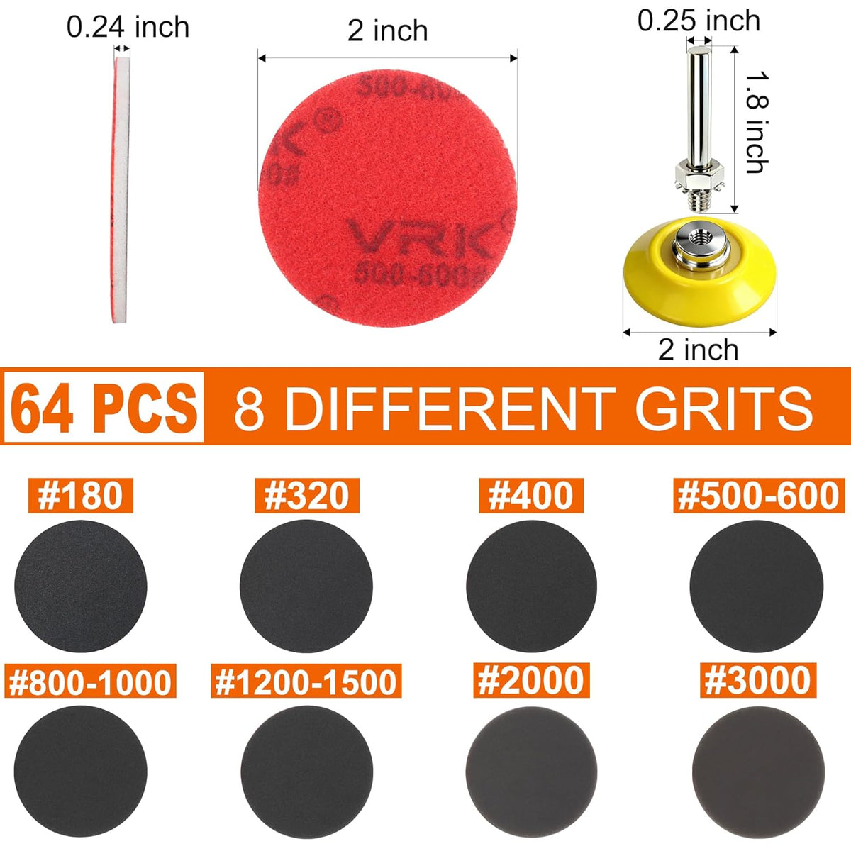 64 PCS 2 Inch Sanding Disc Pad,Hook and Loop Sanding Pads 180 to 3000 Wet Dry Sponge Sandpaper with