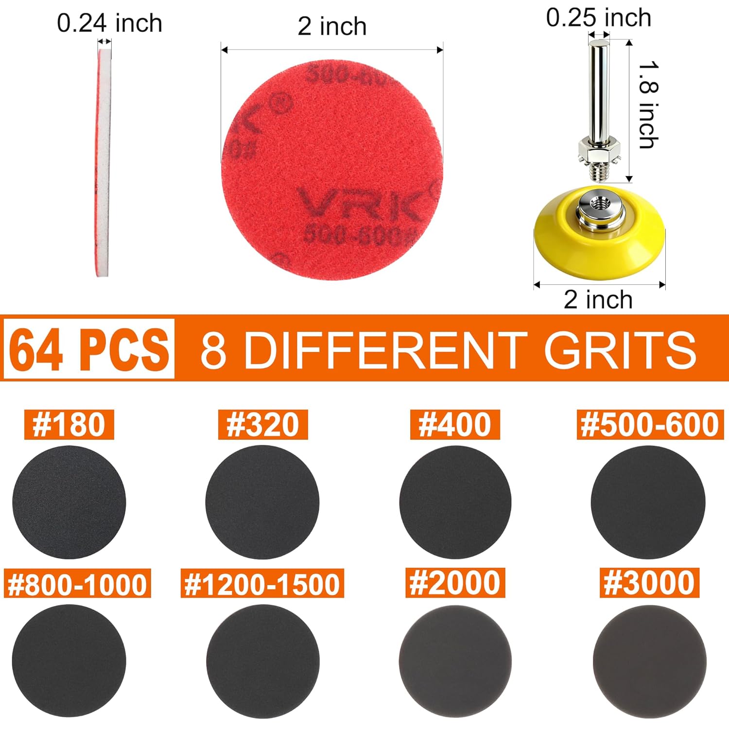 64 PCS 2 Inch Sanding Disc Pad,Hook and Loop Sanding Pads 180 to 3000 Wet Dry Sponge Sandpaper with
