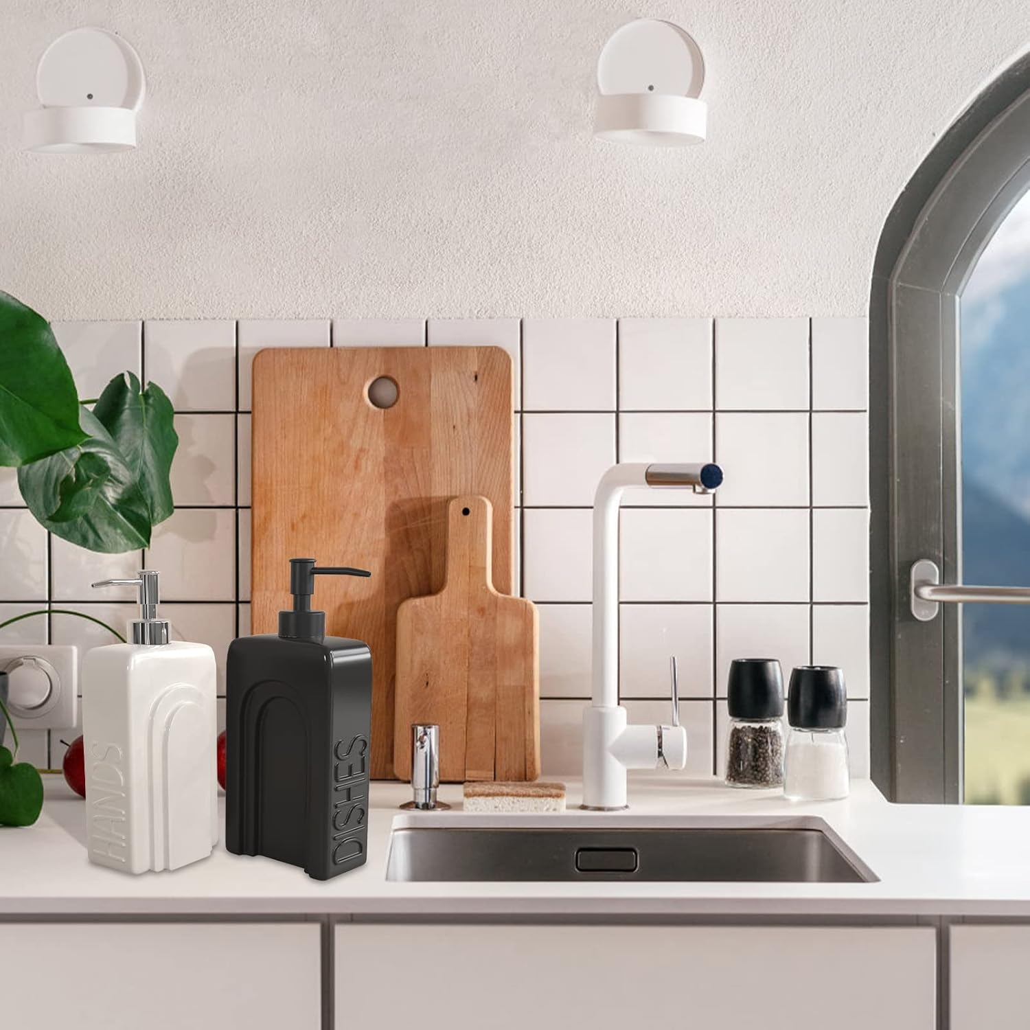 Soap Dispenser Set with Funnel, Non-Slip Silicone Pads, 2 Pack Ceramic Refillable Dish Soap and