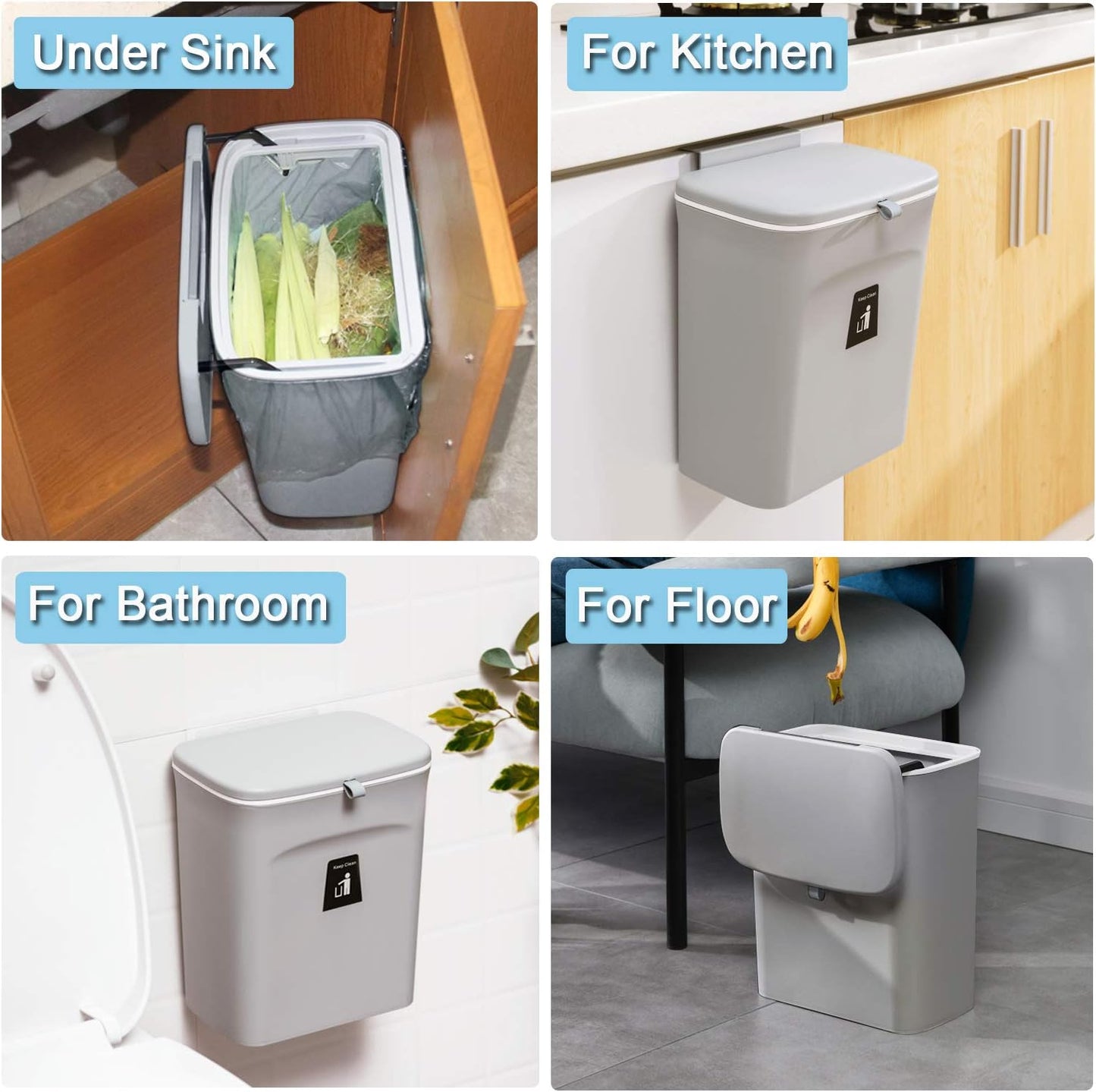 Tiyafuro 2.4 Gallon Kitchen Compost Bin for Counter Top or Under Sink, Hanging Small Trash Can with