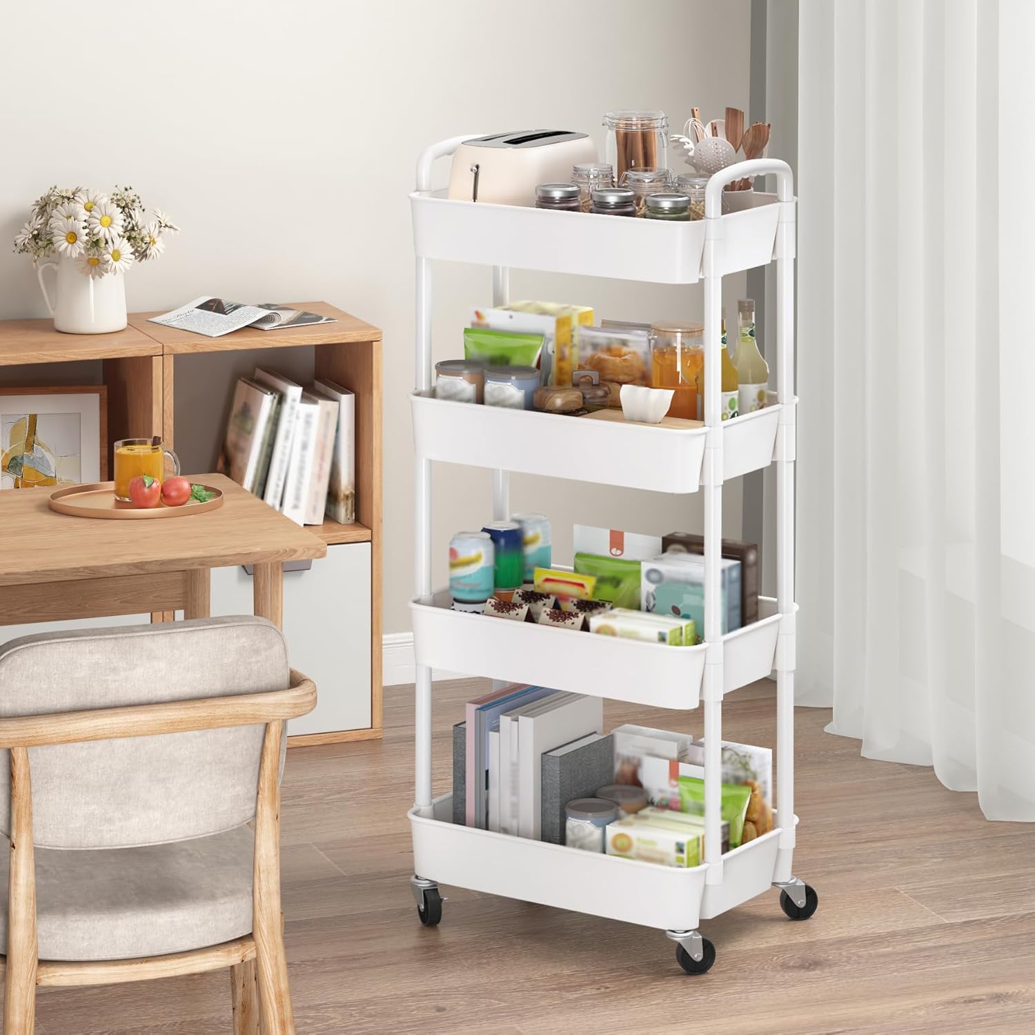 Sywhitta 4-Tier Plastic Rolling Utility Cart with Handle, Multi-Functional Storage Trolley for