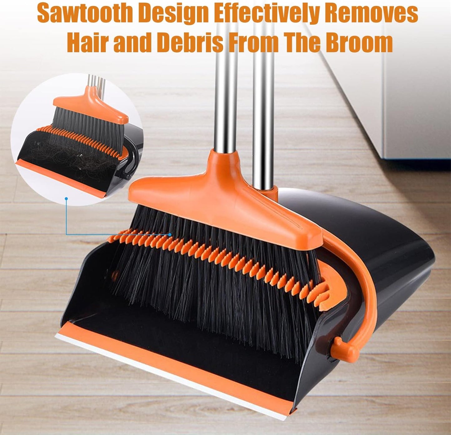 Broom and Dustpan Set with Long Handle and 6 Bonus Cleaning Tools, Upright Standing Combo with