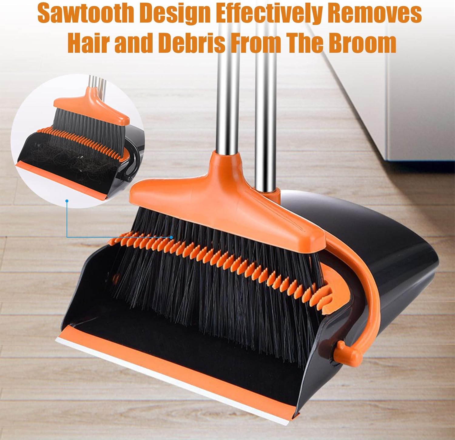 Broom and Dustpan Set with Long Handle and 6 Bonus Cleaning Tools, Upright Standing Combo with