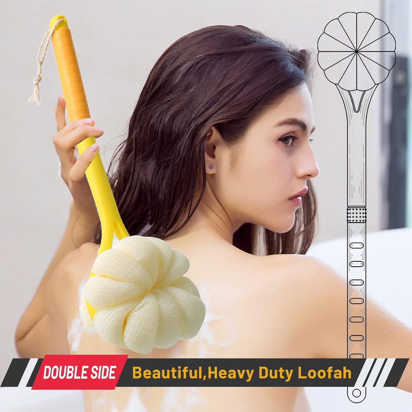 Shower Body Brush,Soft Bristles and Beautiful Pumpkin Loofah 14" Long Handle Back Scrubber Bath