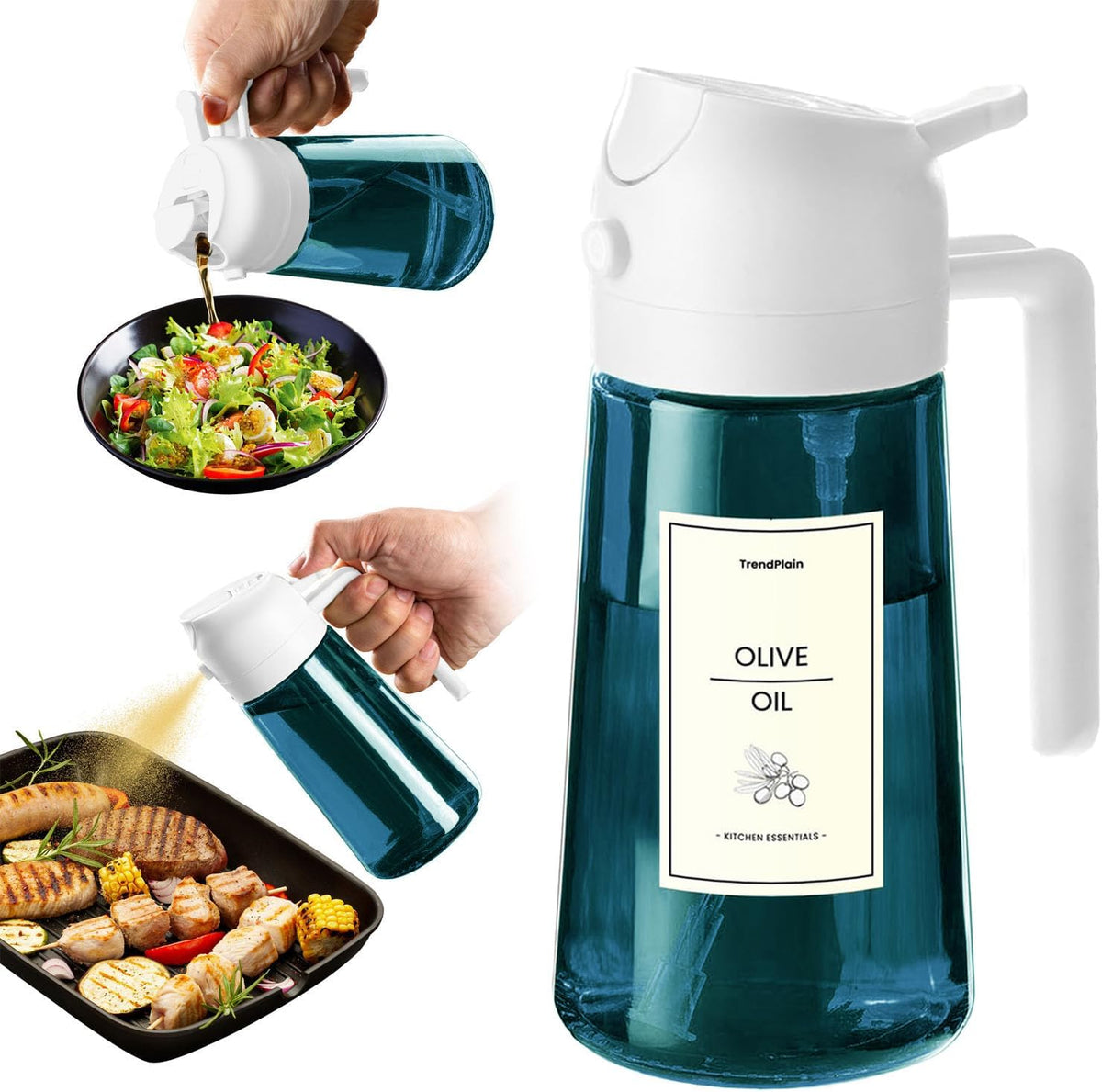 TrendPlain 16oz/470ml Blue Glass Olive Oil Sprayer for Cooking - 2 in 1 Olive Oil Dispenser for